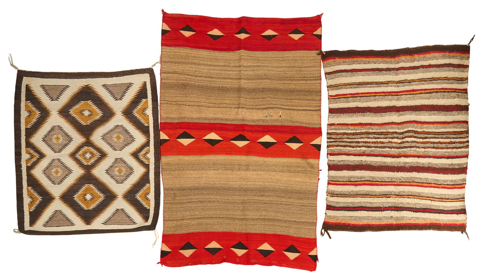 (3) Handwoven Navajo Textiles: (3) Handwoven Navajo textiles, in various sizes and styles 4 ft. 10 in. x 3 ft. 1 in. / largest Provenance: Property from a home in San Antonio, Texas 