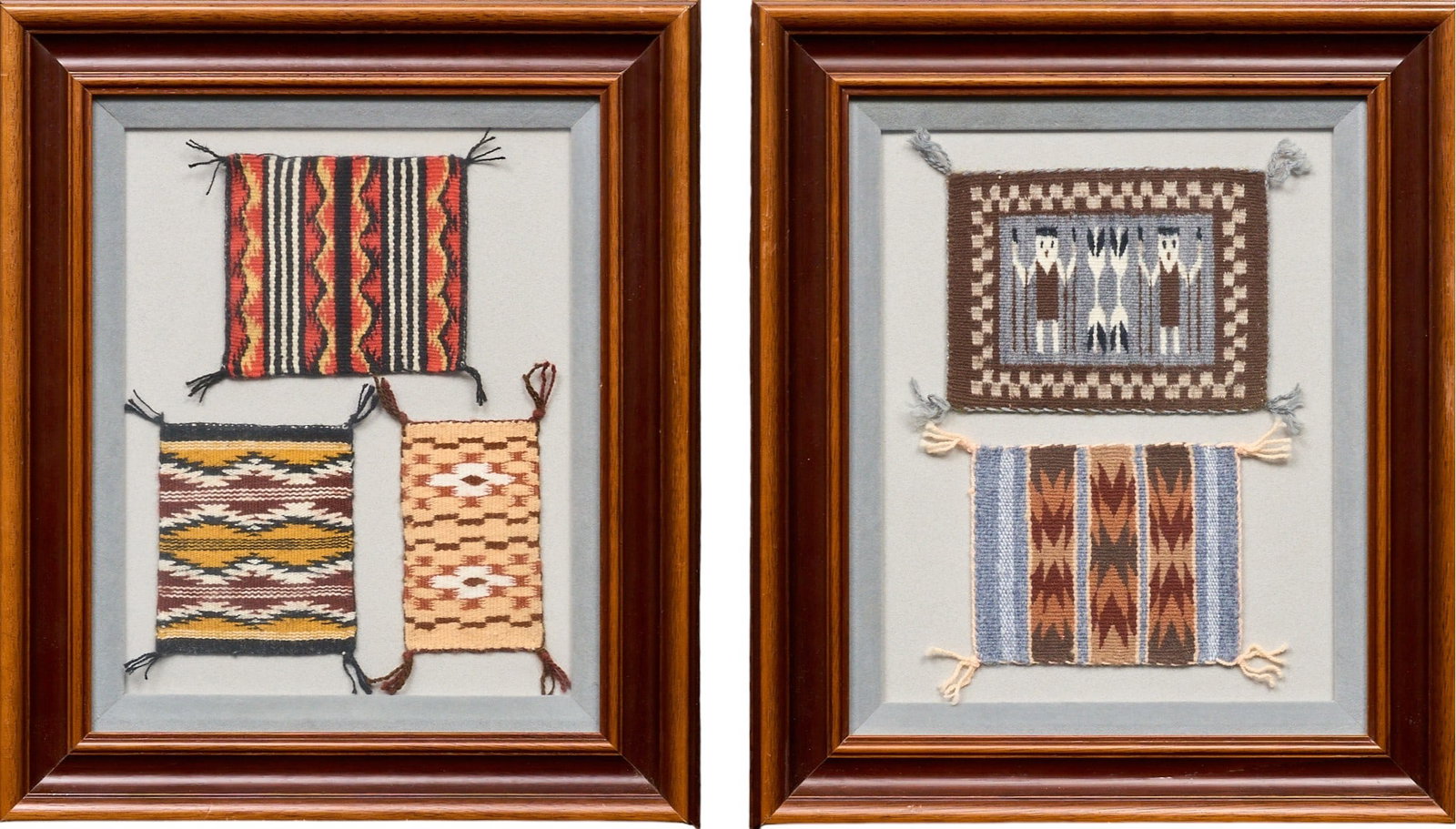 Matilda Yazzie, Navajo Miniature Rugs: Two shadowbox display frames of miniature Navajo rugs by Matilda Yazzie, five total, each displaying different traditional Navajo patterns and colorways 14 in. x 11.5 in. Provenance: Property from a