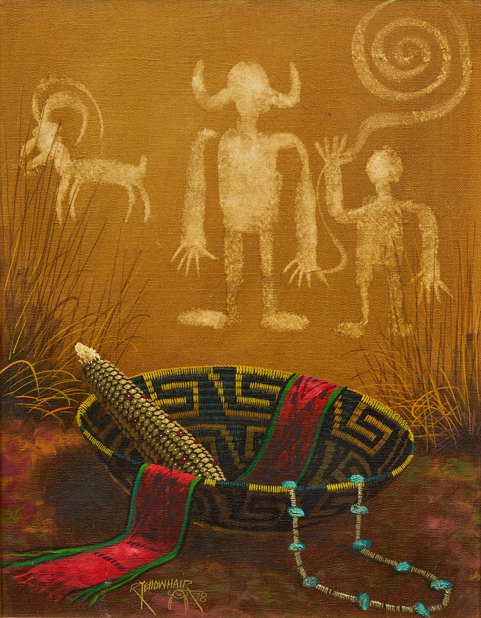Robert Yellowhair, Navajo Still life: Robert Yellowhair Sr. (Arizona, 1937-2016), still life with woven tray and maize, oil on canvas, signed and dated lower left, 1978 sight:18 x 14 in., frame: 23.5 x 19.5 in. Provenance: Property from
