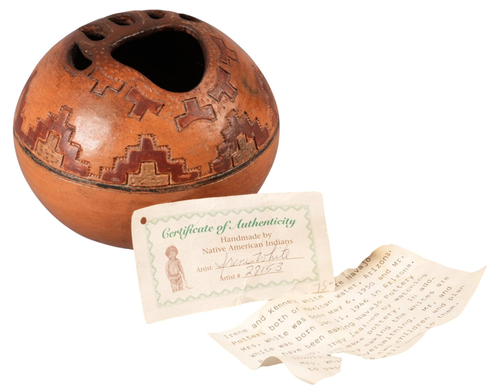 Burnished Bear Claw Vessel: Irene and Kenneth White, handmade Navajo pottery vessel, signed to underside height 4 in. x width 4.5 in. x depth 4.5 in. Provenance: Property from a home in Tomball, Texas 