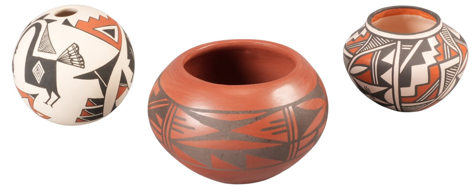 (3) Small Acoma Pottery Vessels: Collection of three Acoma Pueblo pottery vessels with geometric designs and animal motifs height 3.5 in. x width 5 in. x depth 5 in. / largest Provenance: Property from a home in Tomb