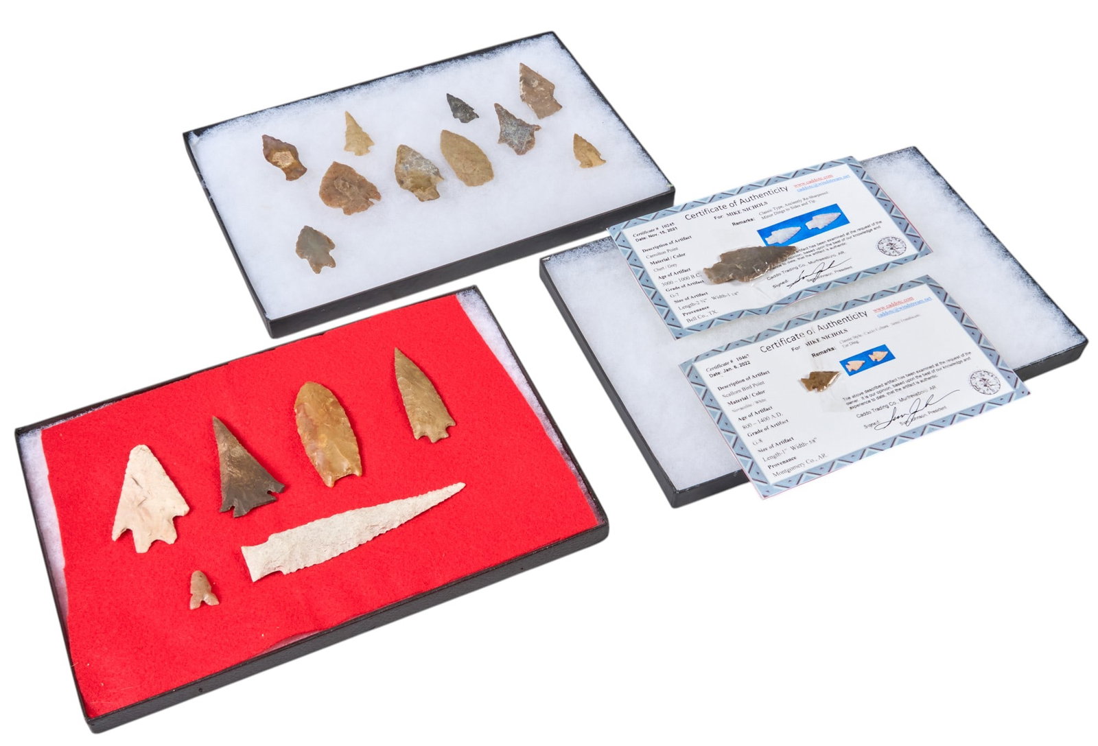 (3) Framed Arrowhead Displays with COAs: Three framed collections of arrowheads, with two certificates of authenticity height 8 1/2 x width 12 1/4 in. x depth 1 in. Provenance: Property from a home in Austin, Texas