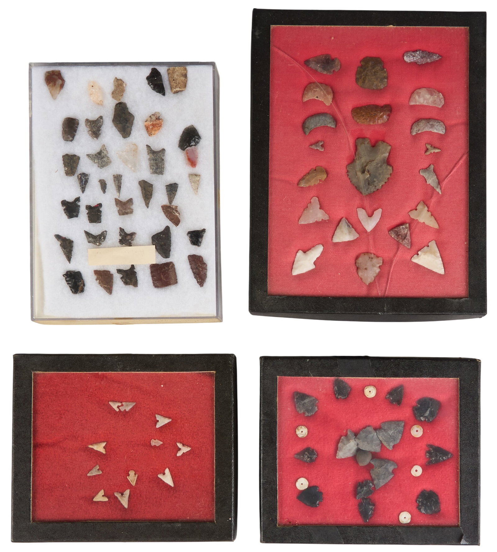(4) Trays of Arrowheads: Four trays of framed arrowheads and projectile points, with red and white lining height 1 in. x width 8.5 in. x depth 6.5 in. / largest Provenance: Property from a home in San Antonio, Texas