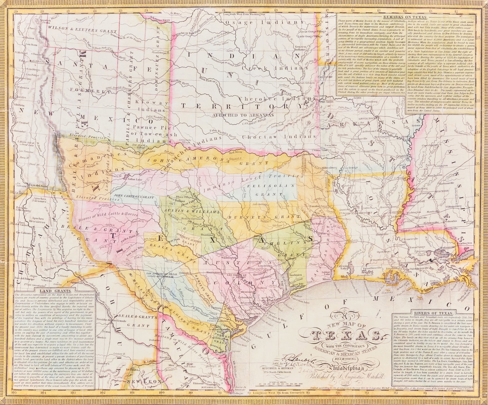 Texas 1837 Map Reproduction: Framed Texas 1837 map reproduction height 28 in. x width 34 in. Provenance: Property a home in Rockport, Texas 