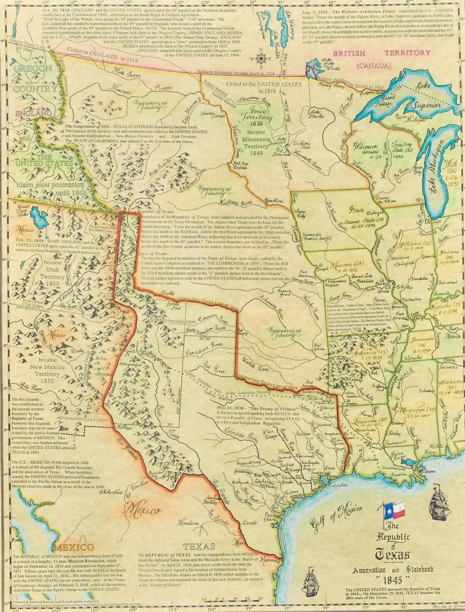 Texas 1845 Republic Commemorative Map: Framed Texas 1845 Republic Commemorative map height 20 in. x width 16 in. Provenance: Property from a home in Rockport, Texas