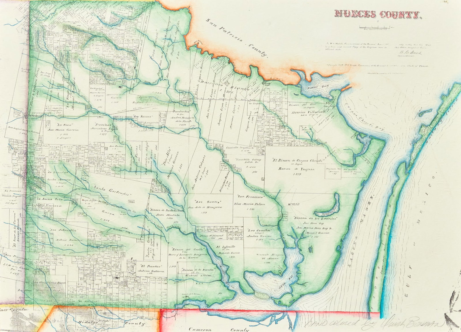 Nueces County Mao Reproduction: Framed hand-colored Nueces County map reproduction height 27.5 in. x width 34.5 in. Provenance: Property from a home in Rockport, Texas