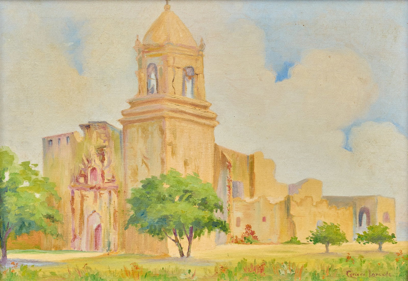 Corinne Larcade, Mission San José: Corinne Larcade (Texas, 1916-1992), view of Mission San Jose (San Antonio, Texas), oil on canvas, signed lower right, circa 1930s-1940s sight: 15 x 21 in., frame: 19 x 24.5 in.