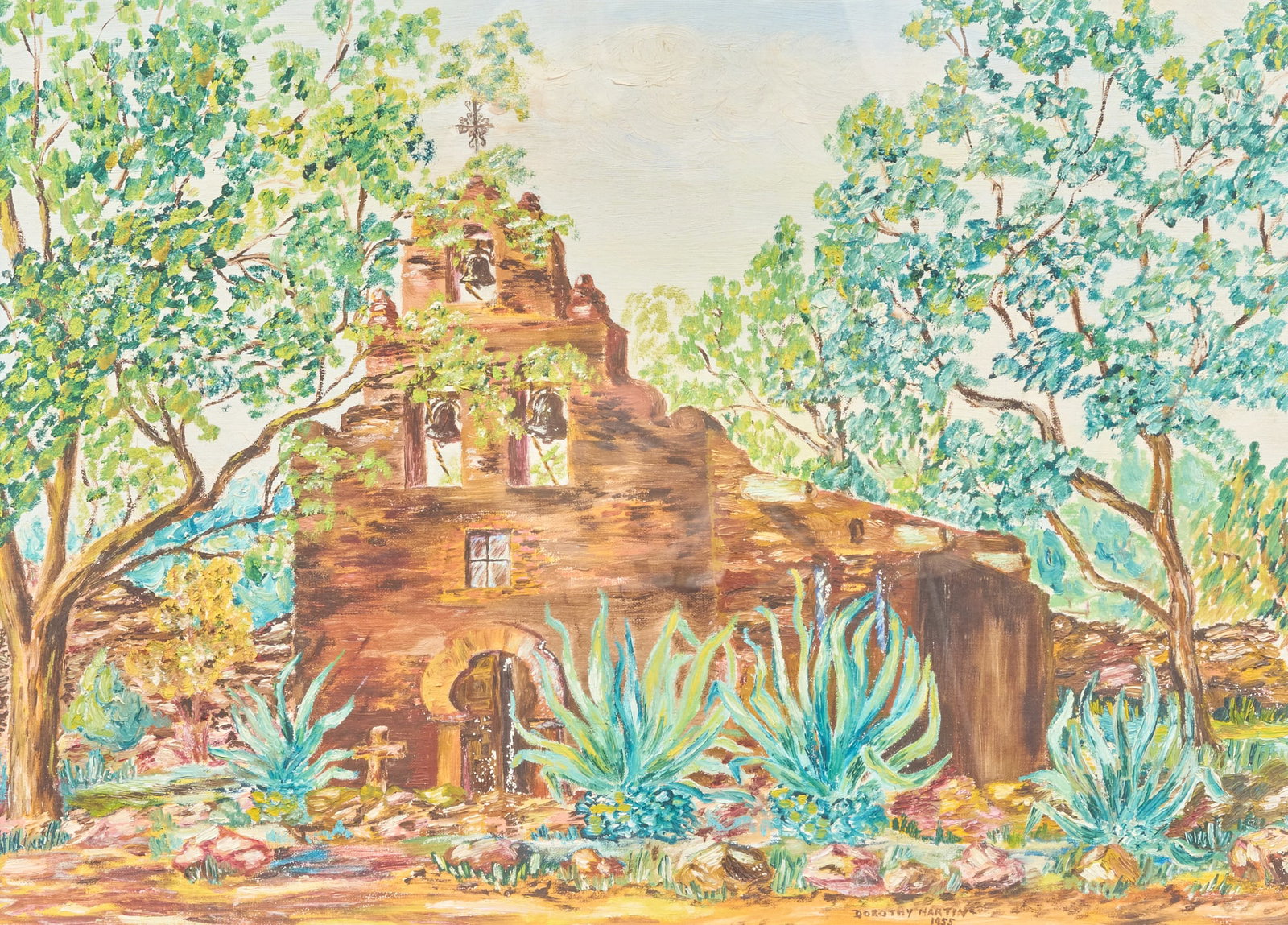 Dorothy Martin, Mission Espada: Dorothy Martin (Canada / Amer., 1909-1984), view of Mission San Francisco de la Espada (San Antonio, Texas), oil on canvas panel, signed and dated lower right, 1955 sight: 18 x 24 in., fram