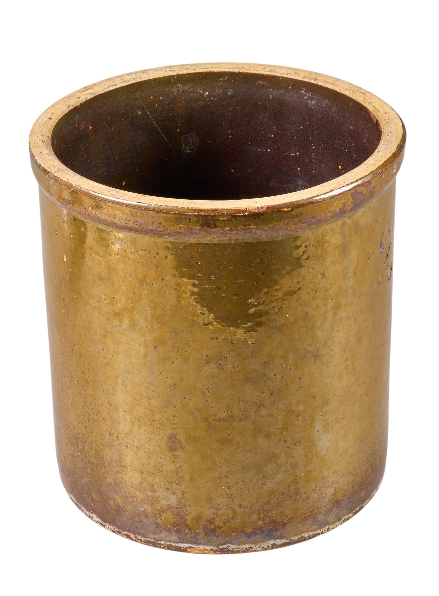2 Gal. Texas Stoneware Crock: Two gallon Texas stoneware crock with brown glossy glaze height 10 in. x width 9.5 in. x depth 9.5 in. Provenance: Property from a home in Fredericksburg, Texas 