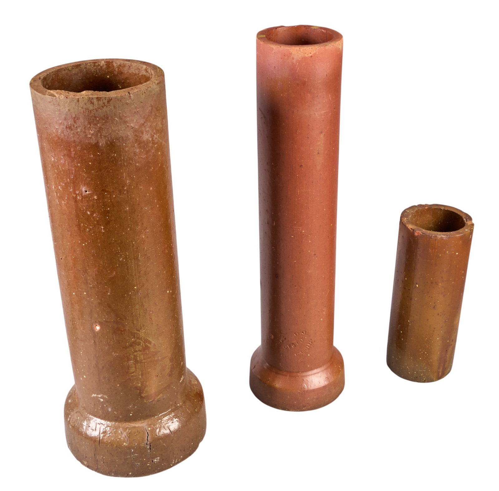 (3) Early San Antonio Pipe Sections: Three vintage ceramic pipe sections marked "Mfd. by The Southern Co. San Antonio, Tex." height 24.5 in. x diameter 9.5 in. / largest Provenance: Property from a home in Fredericksburg,