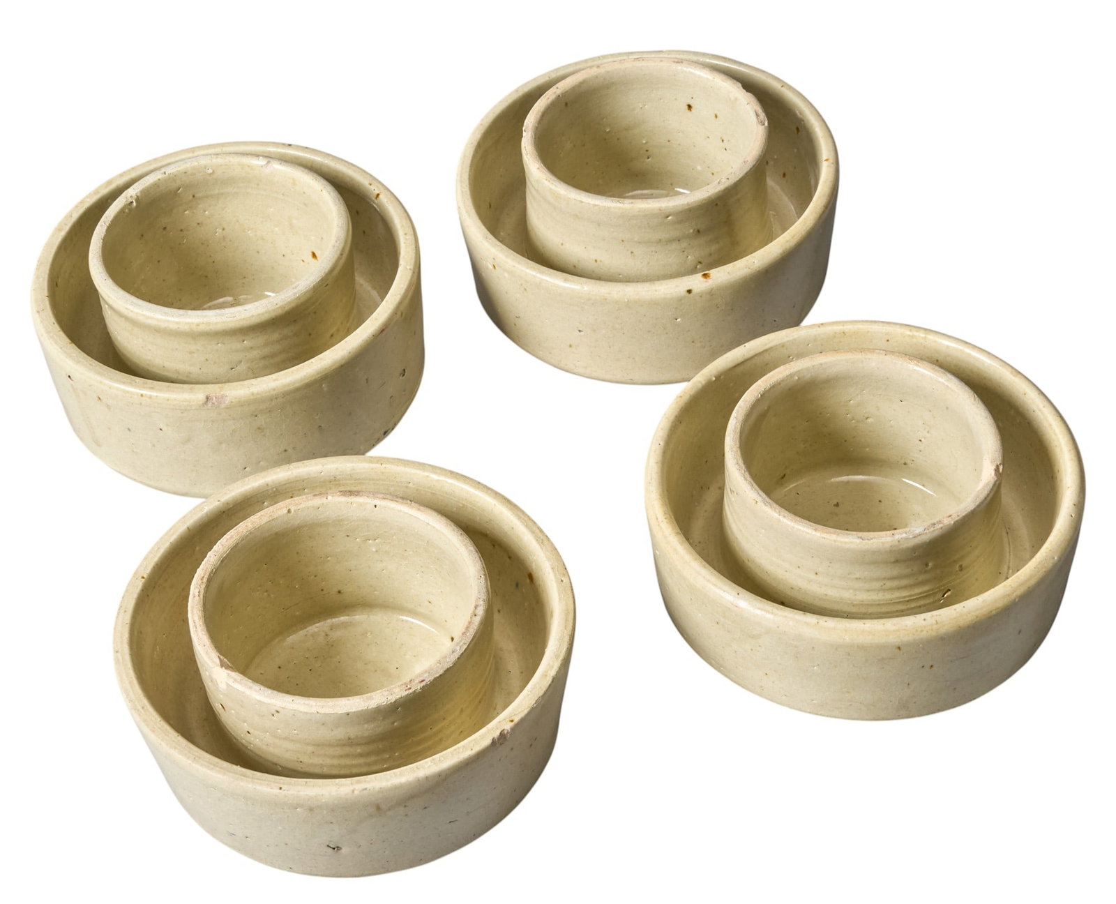 (4) Ceramic Ant Traps: Set of four glazed ceramic ant traps, attributed to Saenger Pottery (Elmendorf, Texas) height 3 in. x diameter 6 in. / each Provenance: Property from a home in Fredericksburg, Texas