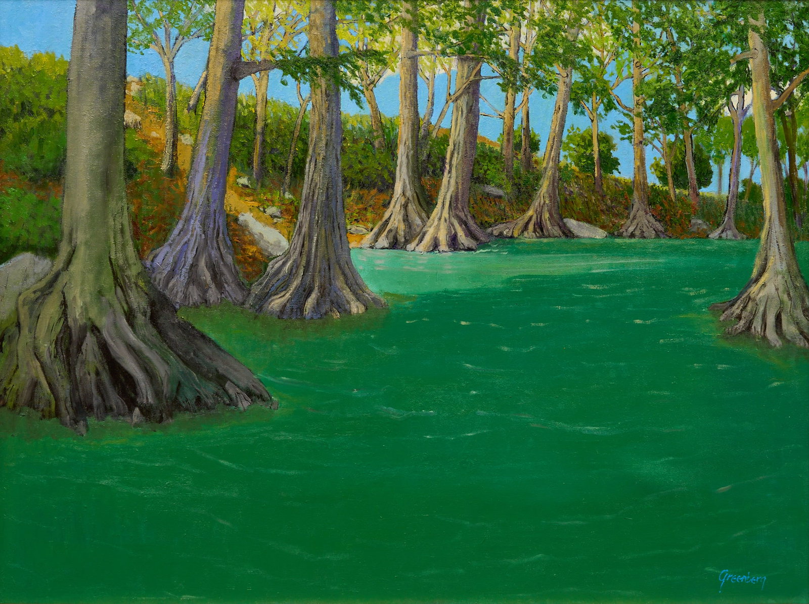 Jerry Greenberg, Guadalupe River: Jerry Greenberg (Texas, b. 1946), cypress trees along the Guadalupe River, oil on canvas, signed lower right sight: 30 x 40 in., frame: 43 x 33 in. Provenance: Property from a Houston, Texas