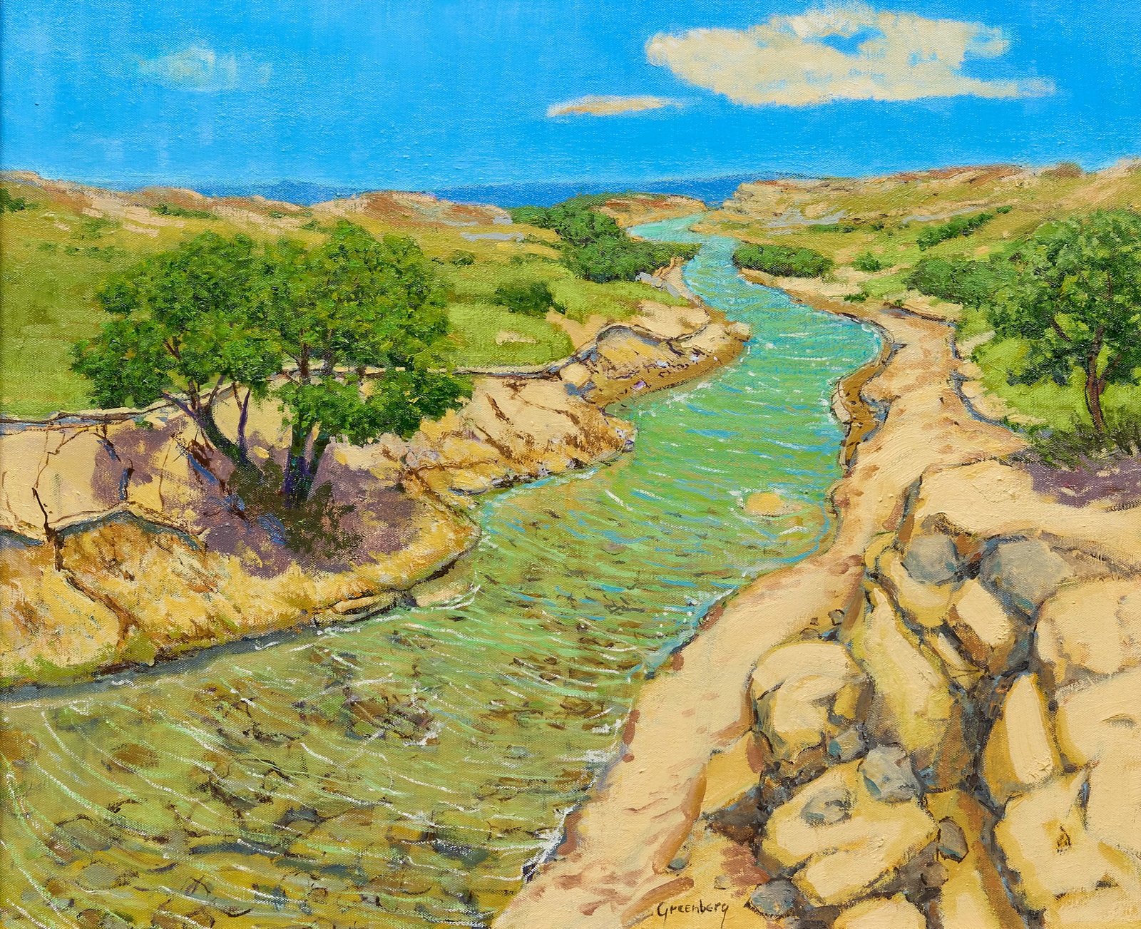 Jerry Greenberg, Winding River: Jerry Greenberg (Texas, b. 1946), winding Texas river in rocky landscape, oil on canvas, signed lower right sight: 18 x 24 in., frame: 20 x 23 in. Provenance: Property from a Houston, Texas colle
