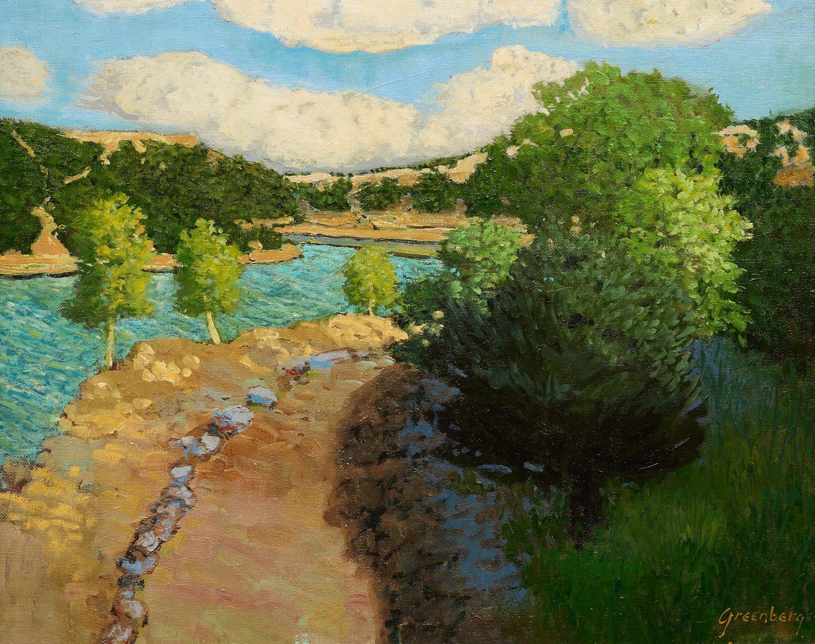 Jerry Greenberg, Shadowed River View: Jerry Greenberg (Texas, b. 1946), winding Texas river in partially shadowed landscape, oil on panel, signed lower right sight: 16 x 20 in., frame: 28 x 24 in. Provenance: Property from a