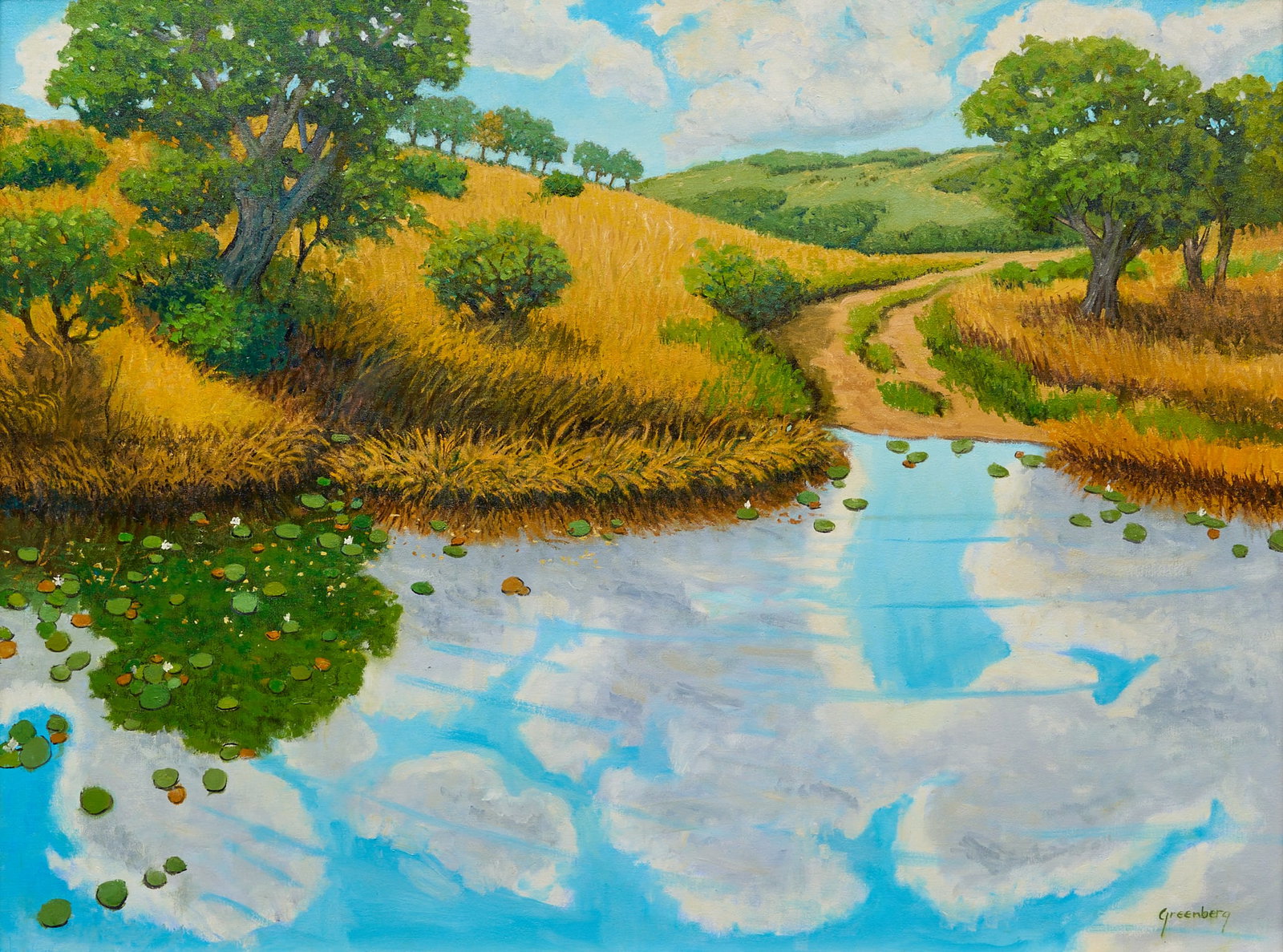 Jerry Greenberg, Water's Edge: Jerry Greenberg (Texas, b. 1946), edge of a Texas lake, oil on canvas, signed lower right sight: 30 x 40 in., frame: 33 x 43 in. Provenance: Property from a Houston, Texas