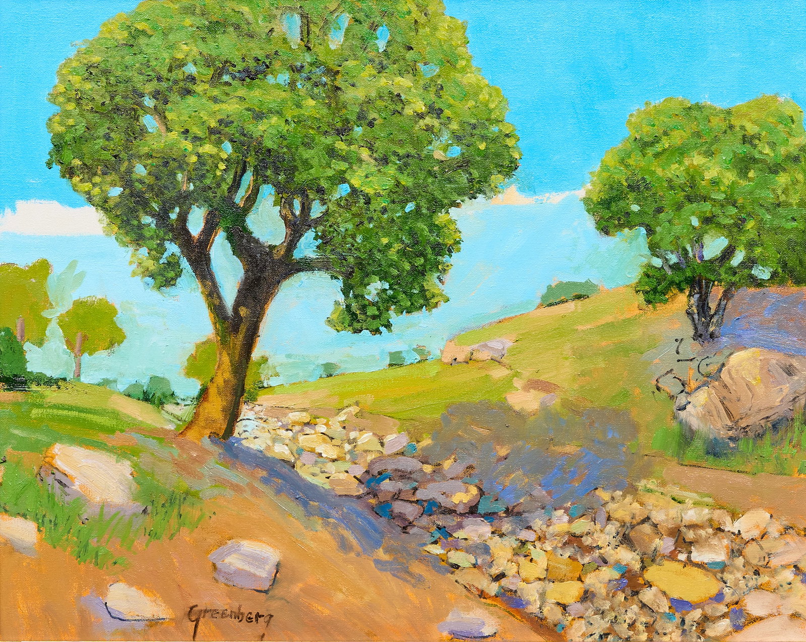 Jerry Greenberg, Dry Creekbed: Jerry Greenberg (Texas, b. 1946), dry riverbed with trees, oil on canvas, signed lower left sight: 16 x 20 in., frame: 19 x 16 Provenance: Property from a Houston, Texas collection