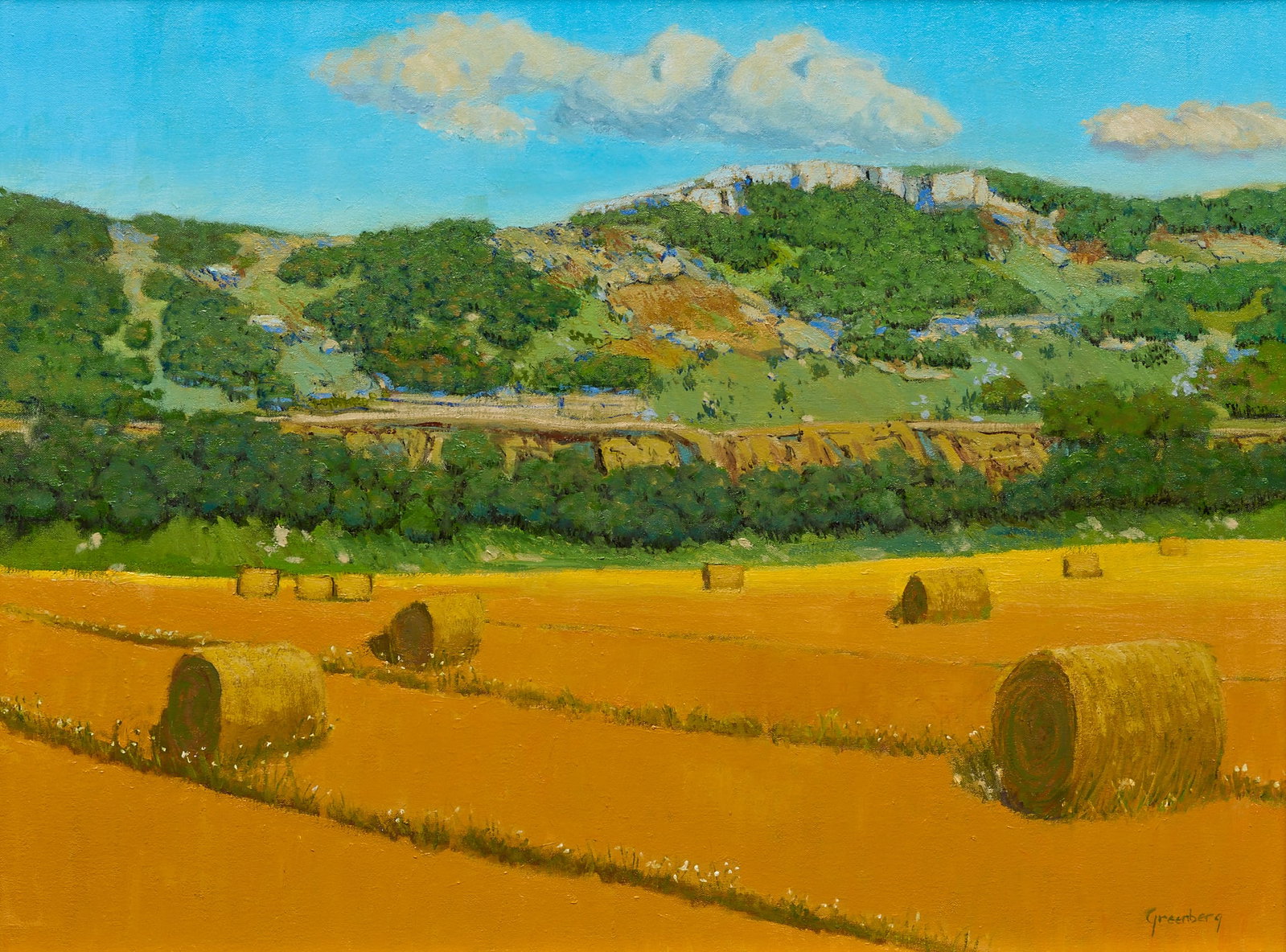 Jerry Greenberg, Hill Country Haybales: Jerry Greenberg (Texas, b. 1946), field with haybales in the Texas Hill Country, oil on canvas, signed lower right sight: 24 x 32 in., frame: 27 x 35 in. Provenance: Property from a Houston,