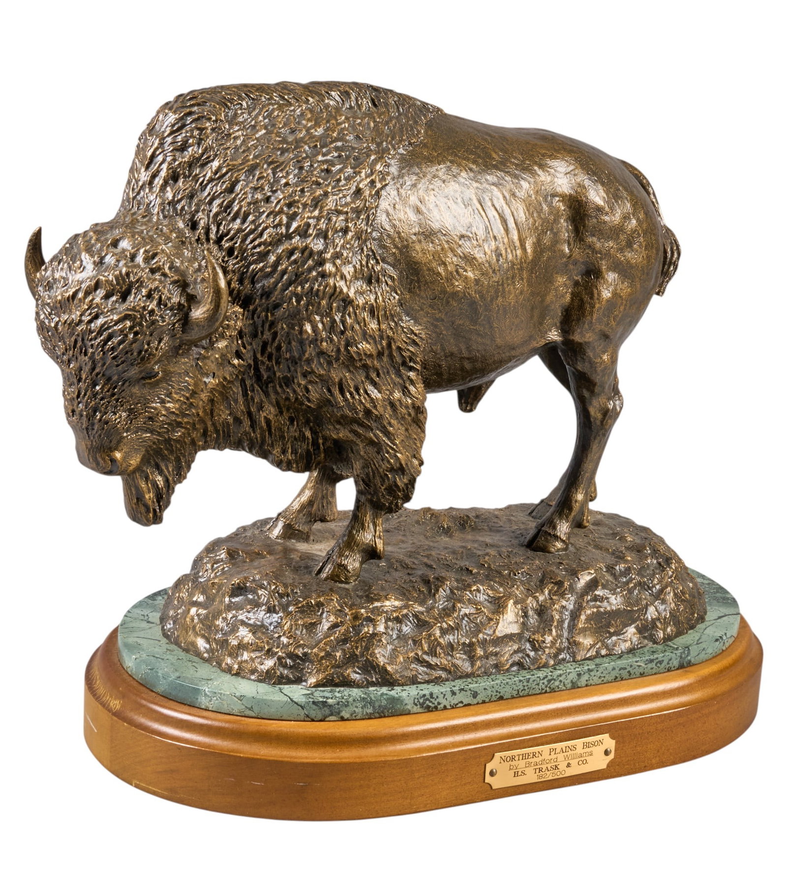 H. S. Trask Store Display Bison: Northern Plains Bison by Bradford Williams (Colorado / Arizona, b. 1948), bronze-finish resin sculpture, used as store display for H. S. Trask & Co. footwear brand, with incised