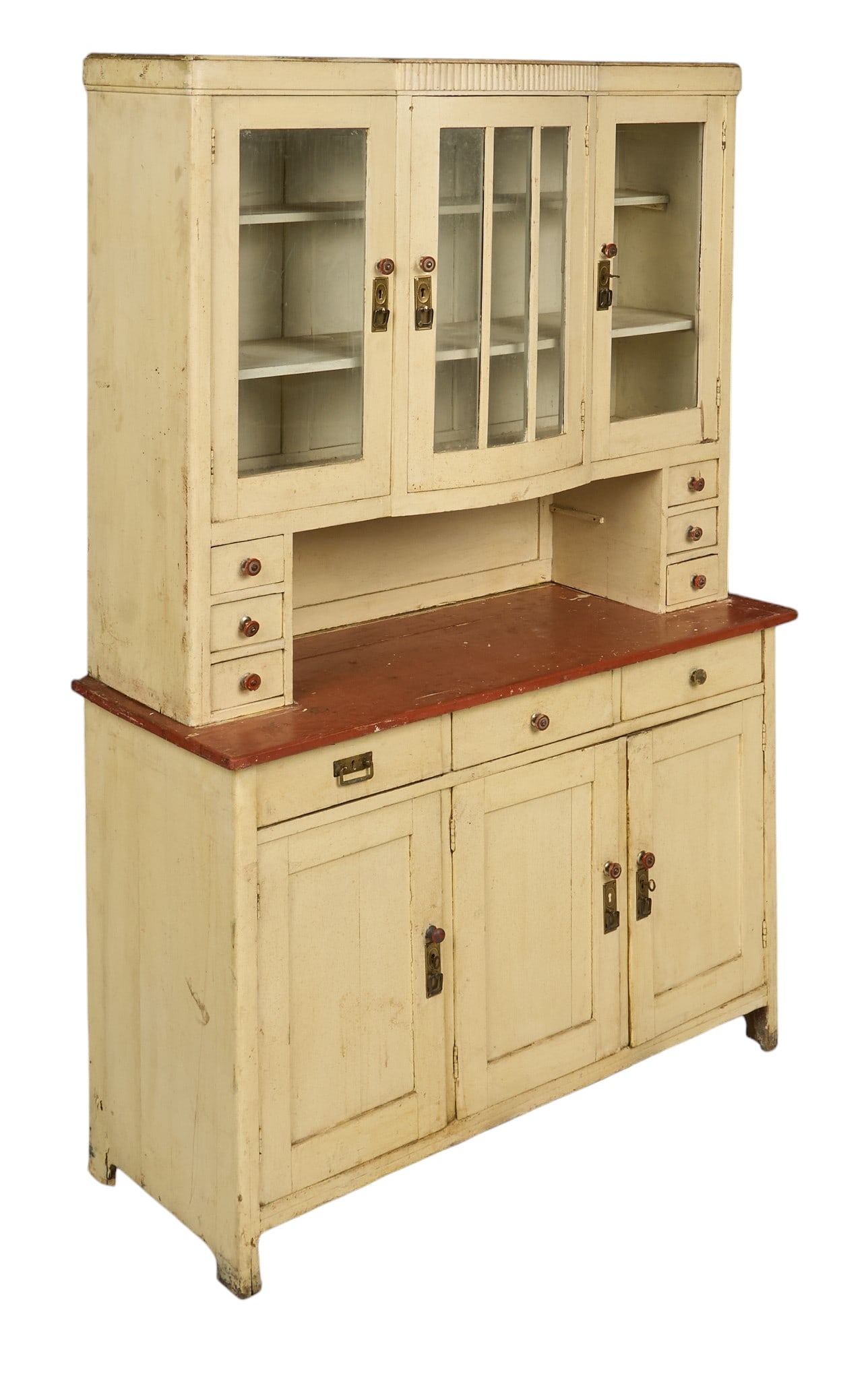 Farmhouse Kitchen Hutch: Painted pine kitchen stepback cupboard, with glazed doors opening to shelves, above a recessed work surface with painted red surface, three cupboard doors, off-white finish height 79,5 in. x width 54