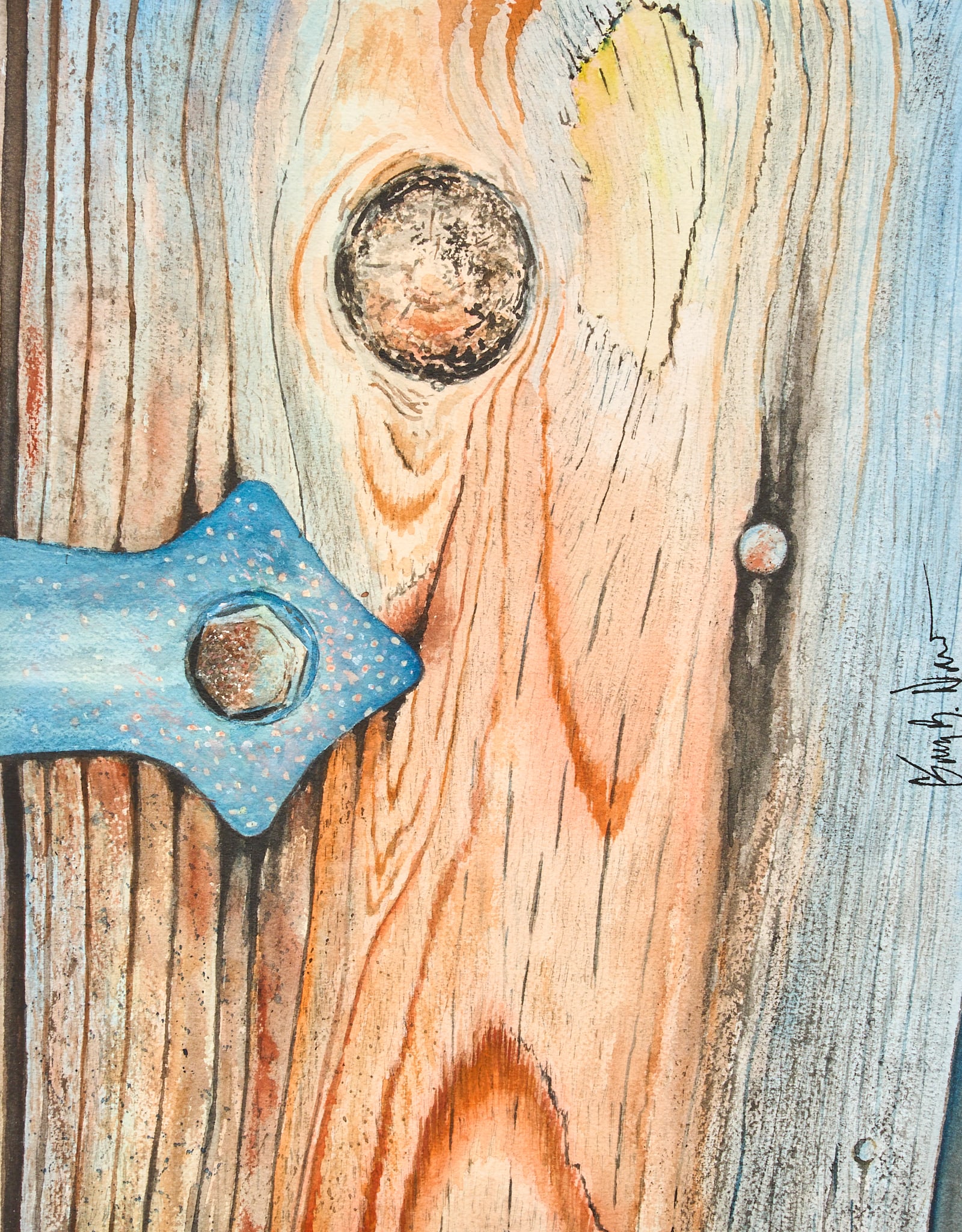 Greg Drew, "Hinge": Greg Drew (Texas, 20th-21st C.), "Hinge", watercolor on watercolor paper, signed vertically on right side, with artist's business card affixed to the verso sight: 14 x
