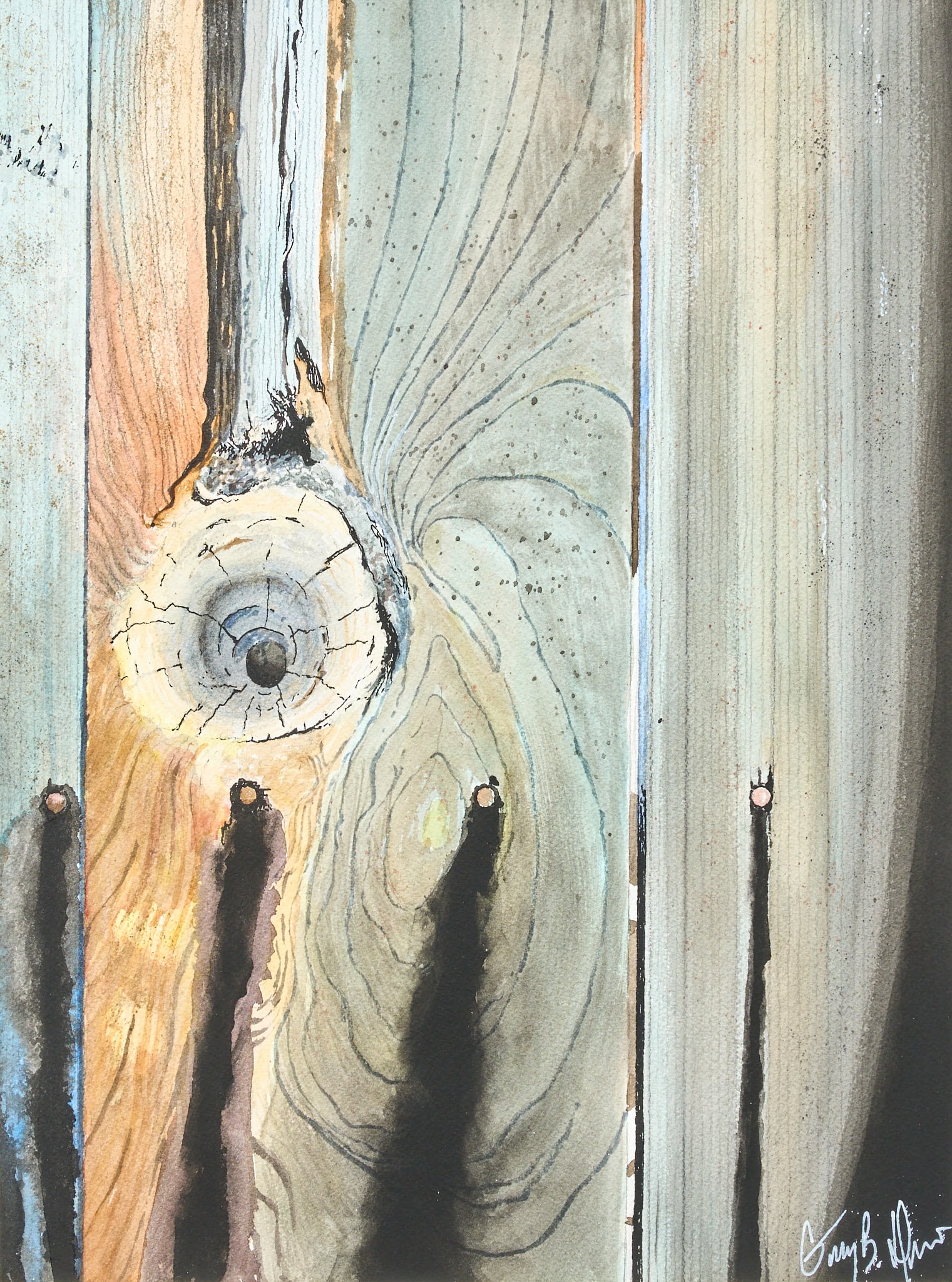Greg Drew, "Valla de Madera": Greg Drew (Texas, 20th-21st C.), "Valla de Madera", watercolor on watercolor paper, signed lower right, with artist's business card affixed to the verso sight: 15 x