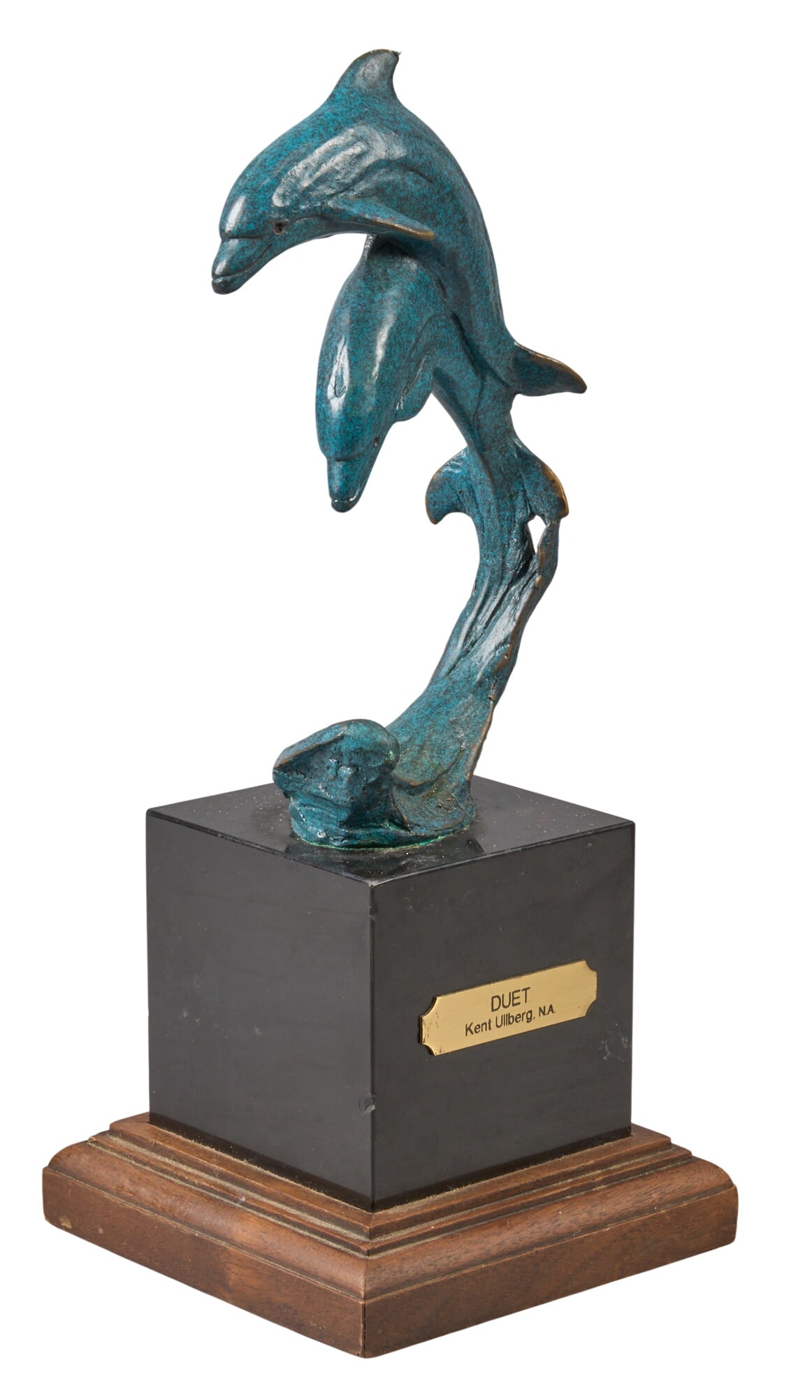Kent Ullberg, "Duet": Kent Ullberg (Texas / Colorado, b .1945), "Duet", dolphins in waves, artist-cast bronze sculpture on wooden base, with incised signature, edition number 0/250 height 11 in. x