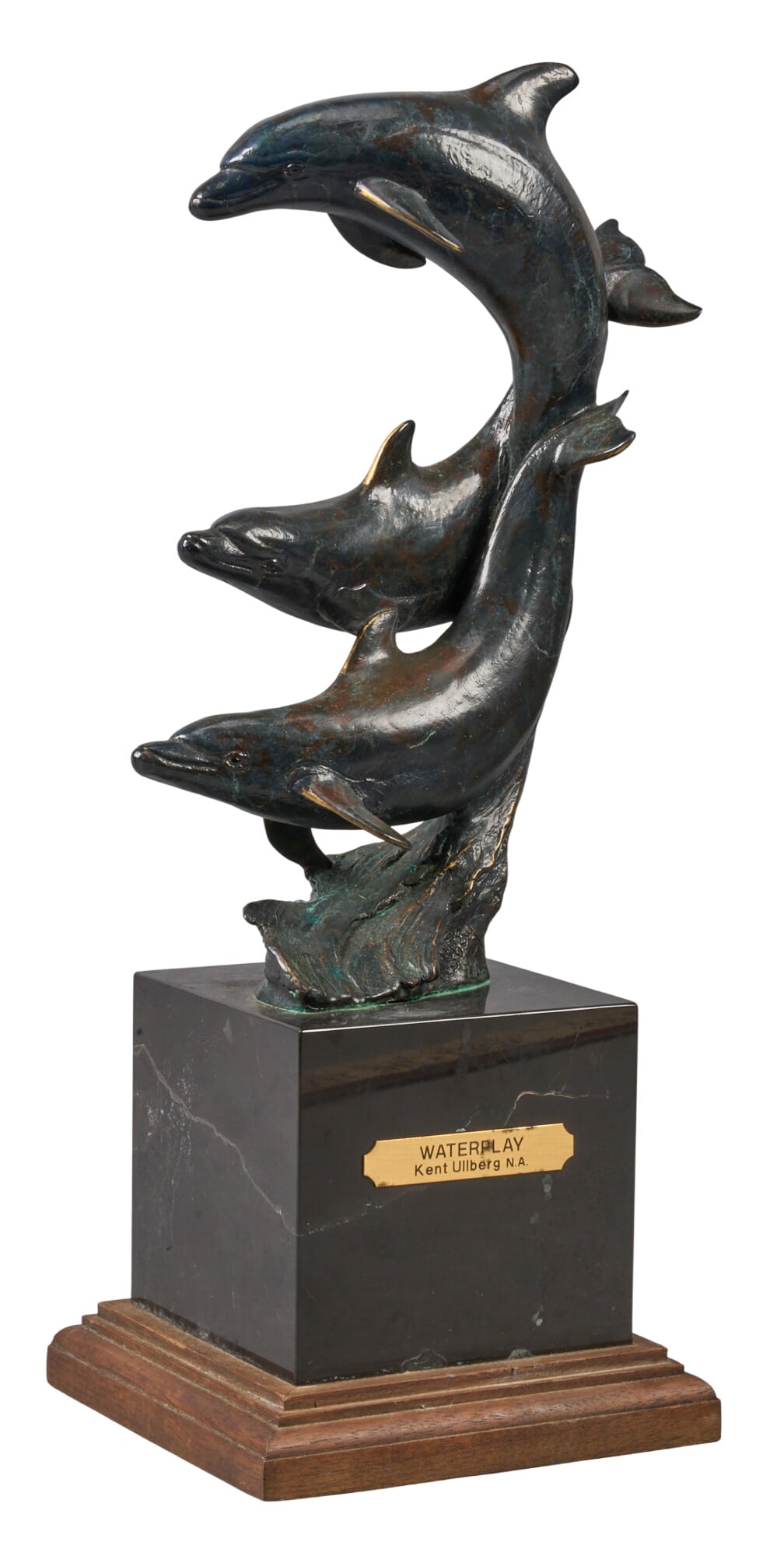 Kent Ullberg, "Waterplay": Kent Ullberg (Texas / Colorado, b .1945), "Waterplay", dolphins in waves, artist-cast bronze sculpture on stone and wooden base, with incised signature and edition number 77/100 height