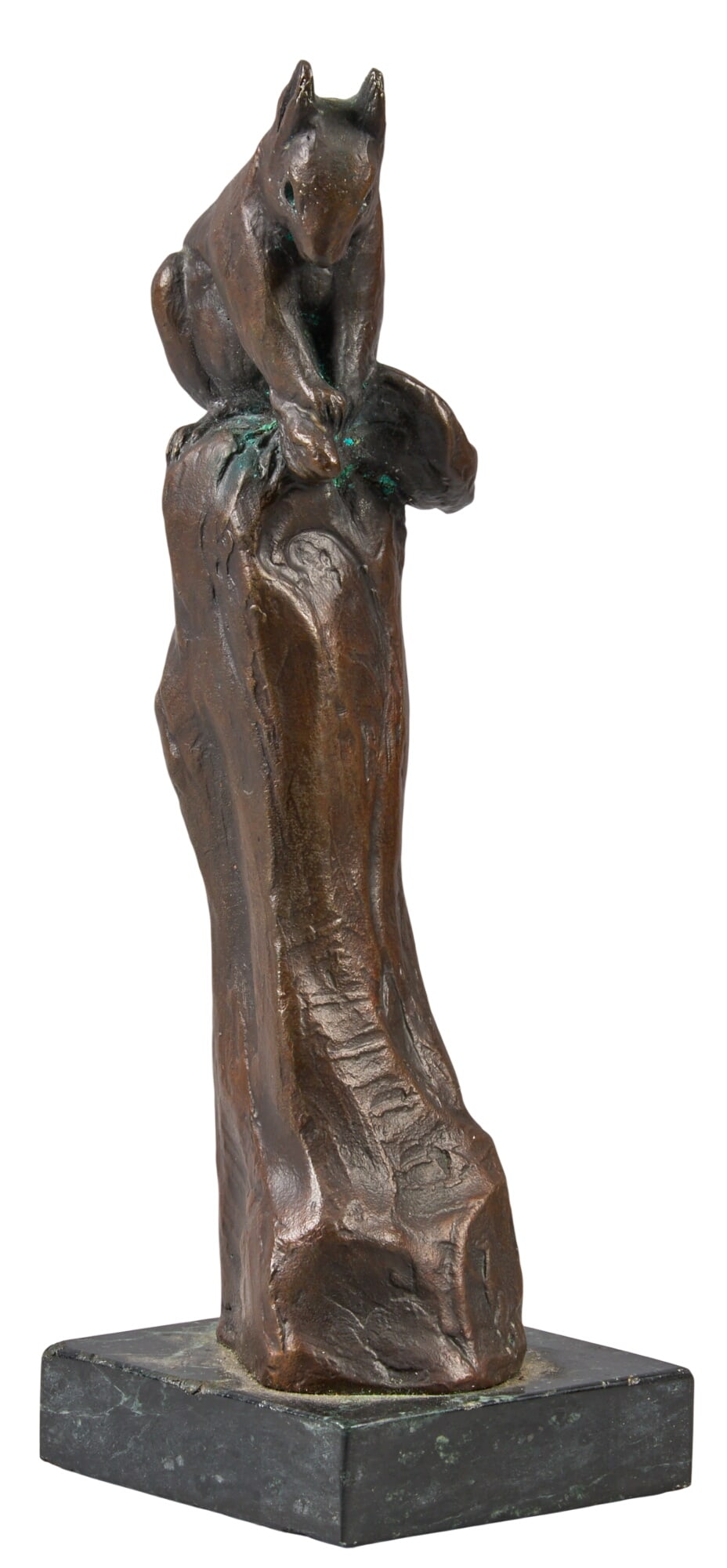 Kent Ullberg, Squirrel Bronze: Kent Ullberg (Texas / Colorado, b .1945), squirrel perched on a branch, artist-cast bronze sculpture on wooden base, with incised signature and edition number 15/50 height 9 in. x width 3 in. x