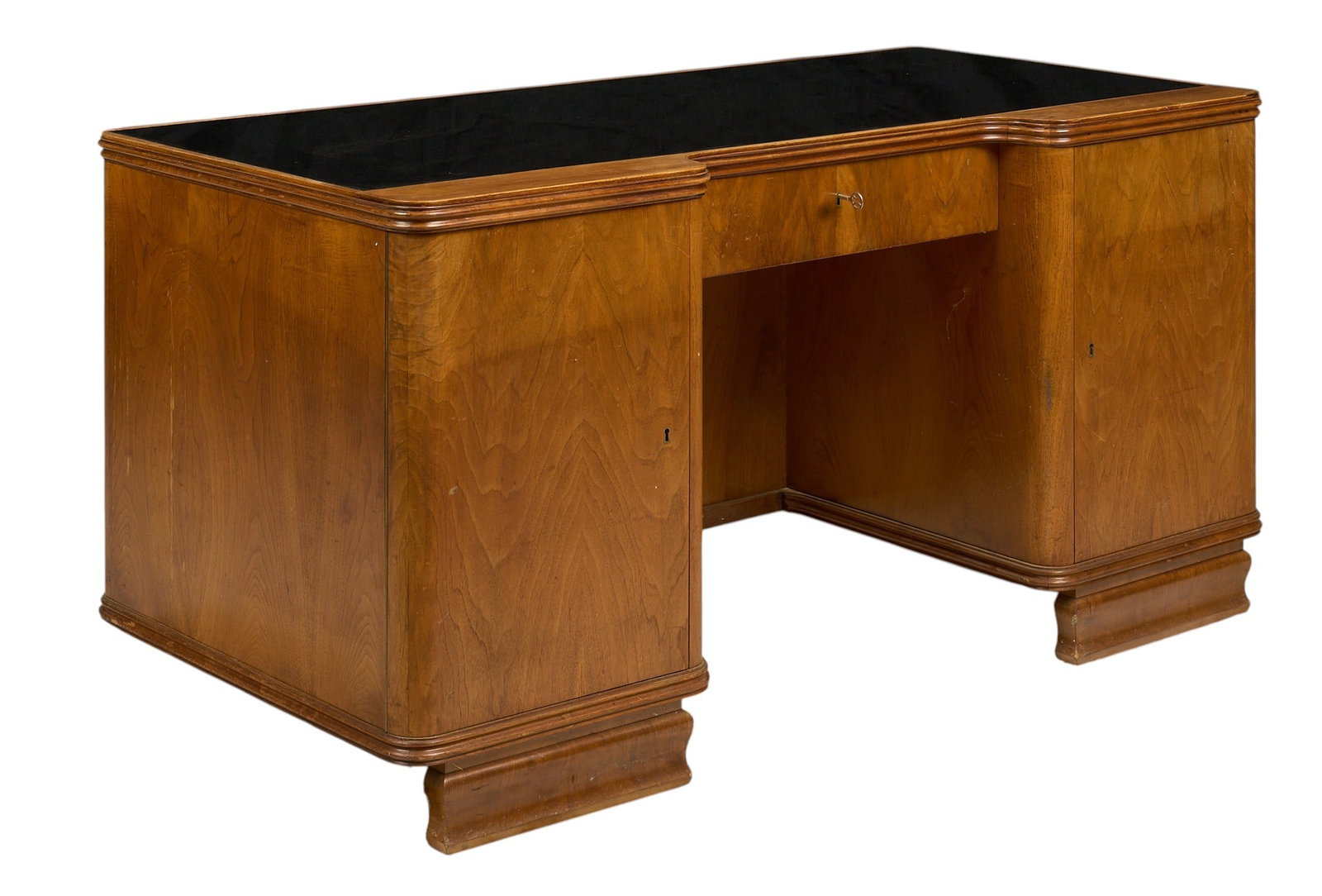 Executive Desk: Executive desk with black inset writing surface, with single locking drawer and two integrated locking cupboards height 31 in. x width 63 in. x depth 31 in.