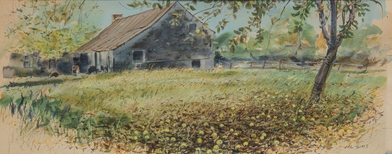 Hal Sims, Barn and Field: Hal Sims (Texas, 1912-2002), barn and field, watercolor sight: 12 x 30 in., frame: 21 x 37 in. Provenance: Property from a home in San Antonio, Texas