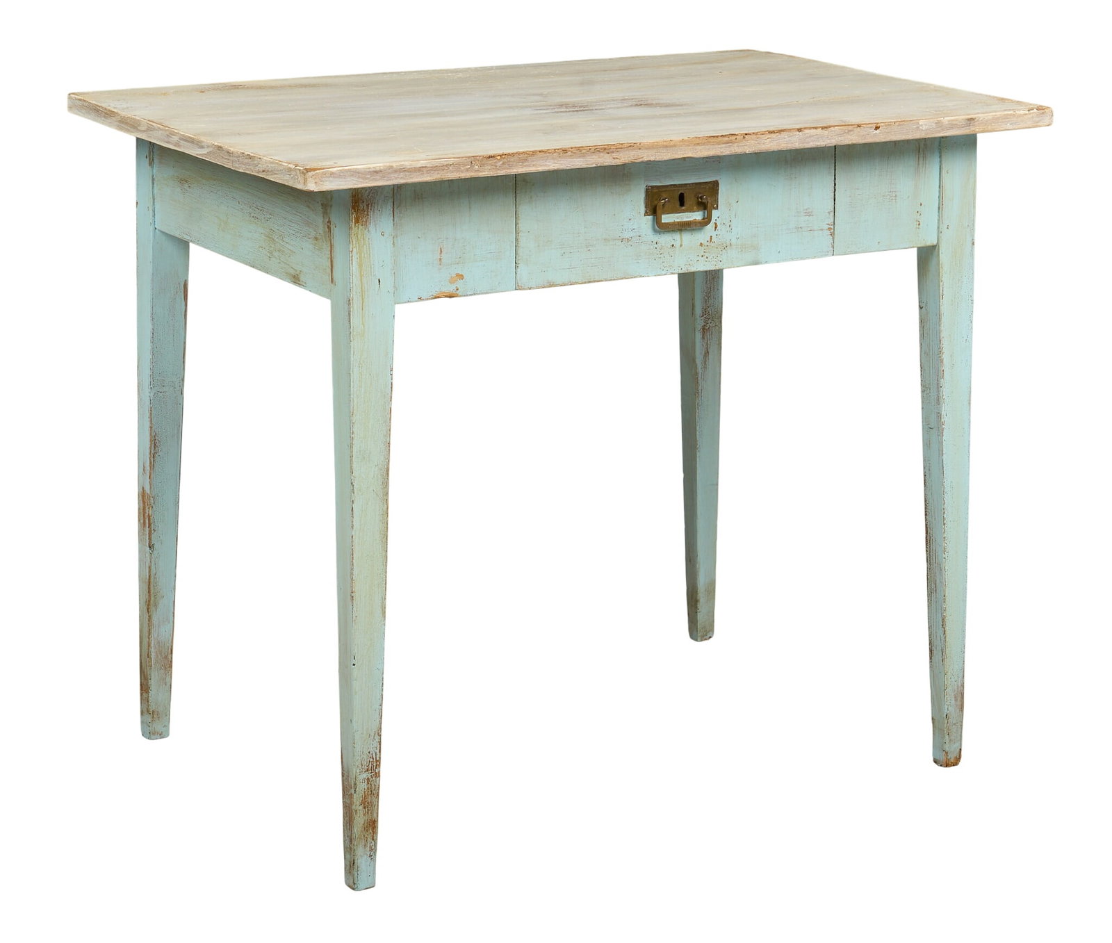 Painted Farmhouse Table: Two-tone painted rustic table, with oversized rectangular top and single drawer with metal hardware, tapered legs height 32 in. x width 40 in. x depth 27 in. 