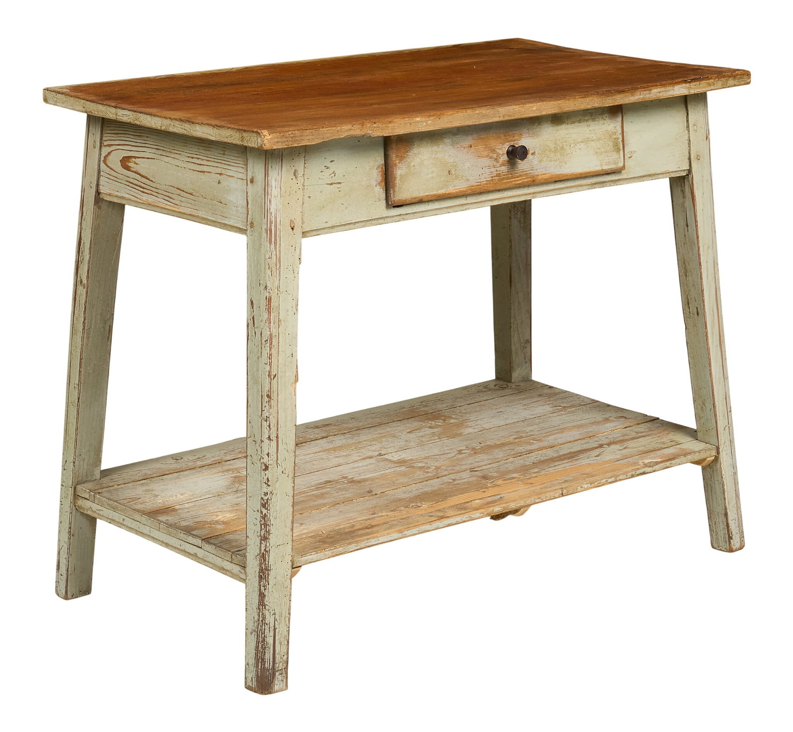Rustic Side Table: Rustic painted two-tone console table, natural wood top with single drawer and lower slatted shelf, distressed finish height 32 in. x width 40 in. x depth 22 in.