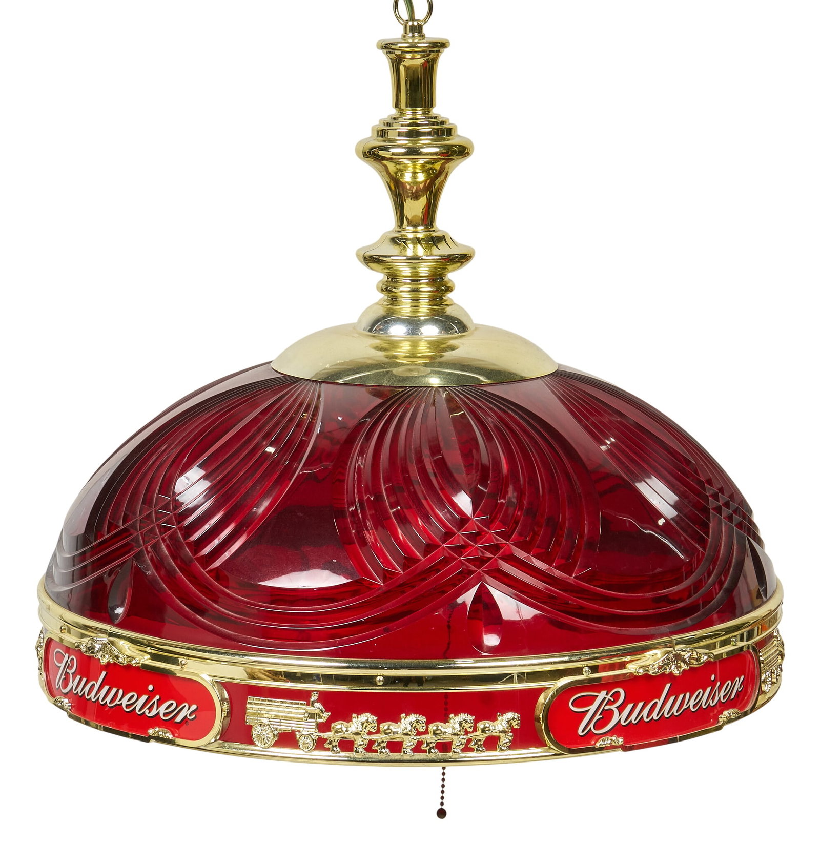 Vintage Budwesier Light Fixture: Vintage Budweiser advertising hanging light fixture, dome form, with brass accents height 21 in. x width 23 in. x depth 23 in. Provenance: Property from the collection of Linda Muth, from