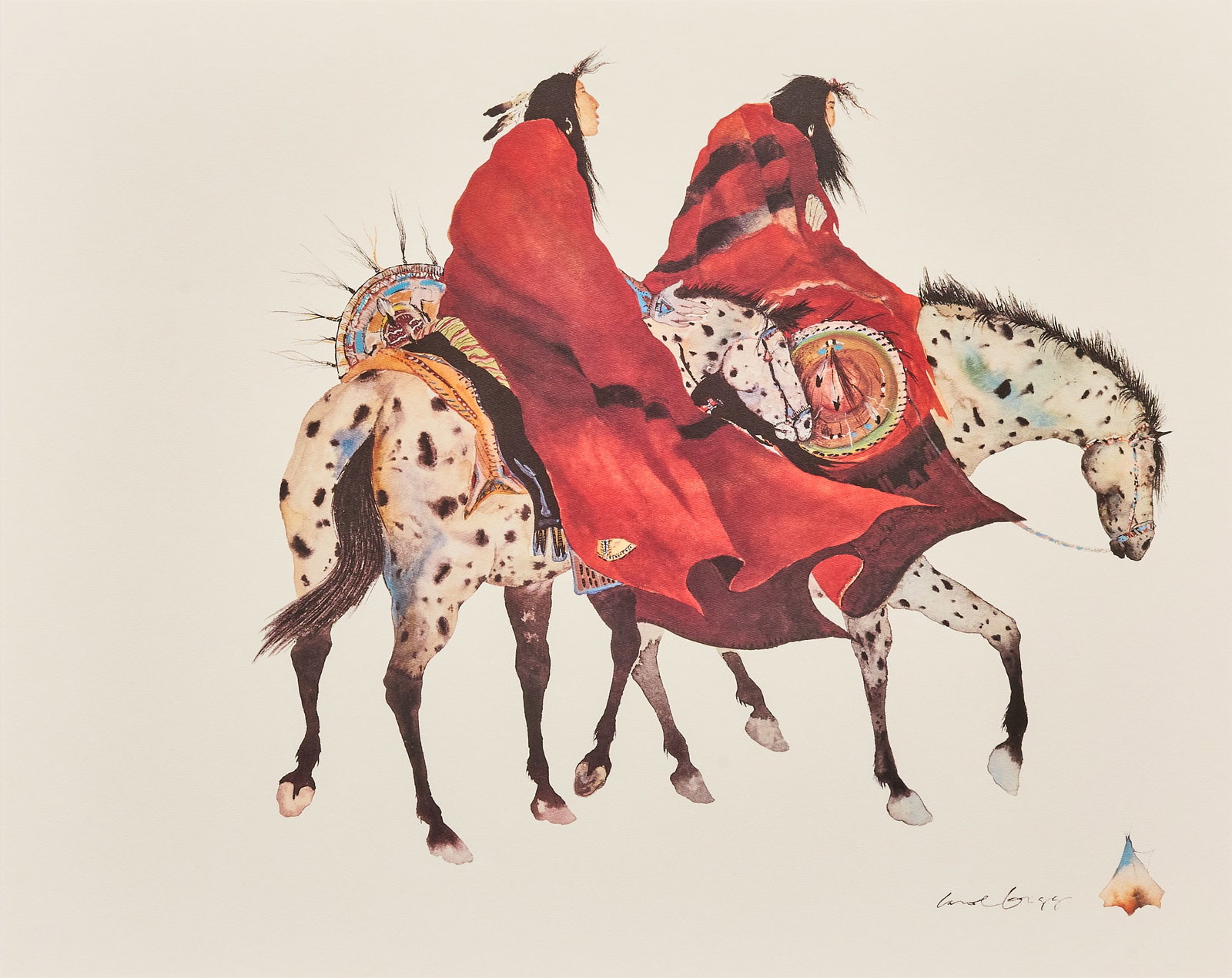 Carol Grigg, Two Riders: Carol Grigg (Oregon, b. 1942), two riders, watercolor on paper, signed lower right sight: 24 x 30 in., frame: 32 x 38.5 in. Provenance: Property from a ranch house collection near Blanco, Texas