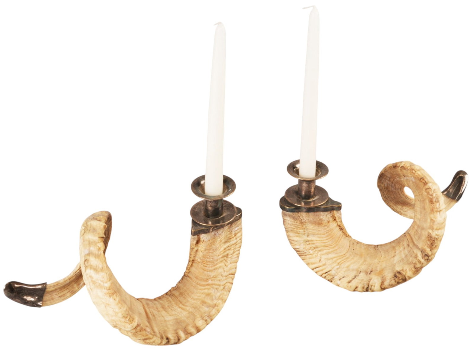 Pair of Rams Horn Candlesticks: Pair of bronze candlesticks, featuring ram horn bases height 15 in. x width 14 in. x depth 7 in. Provenance: Property from a home in Chicago, Illinois 