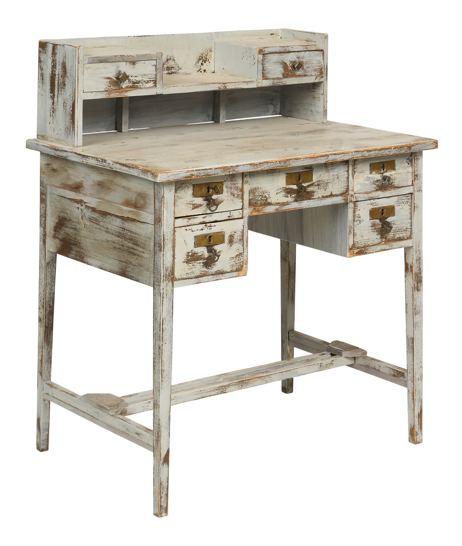 Farmhouse Writing Desk: Painted farmhouse writing desk rectangular surface with fitted gallery, seven drawers, brass hardware, distressed painted finish height 41 in. x width 35 in. x depth 24 in.