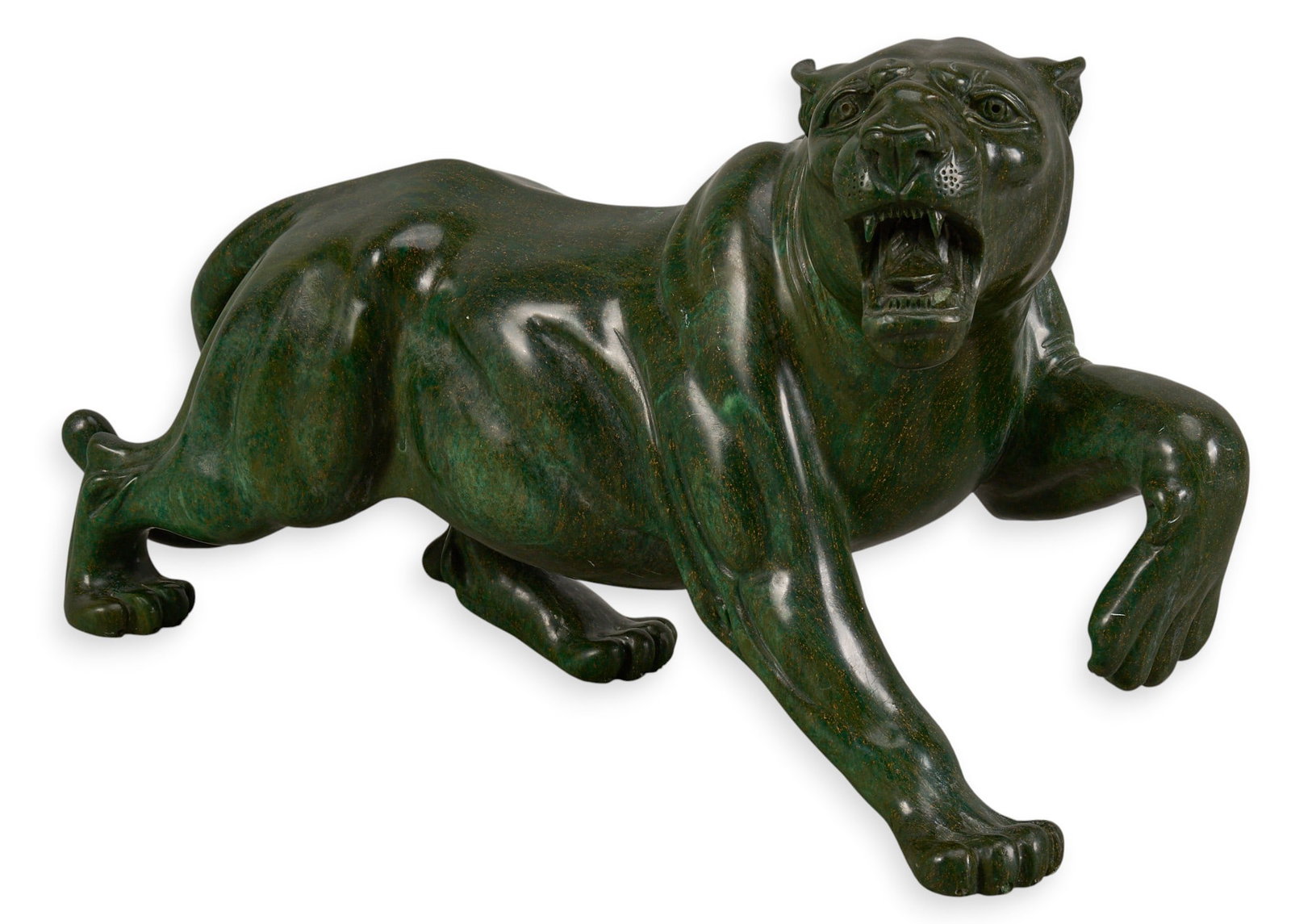 David Sibanda, Panther Sculpture, 1996: David Sibanda (b. 1956, South Africa), handcarved nephrite jade panther sculpture, incised signature and date, 1996 height 11 in. x width 7 in. x depth 18 in. Provenance: Property from the 