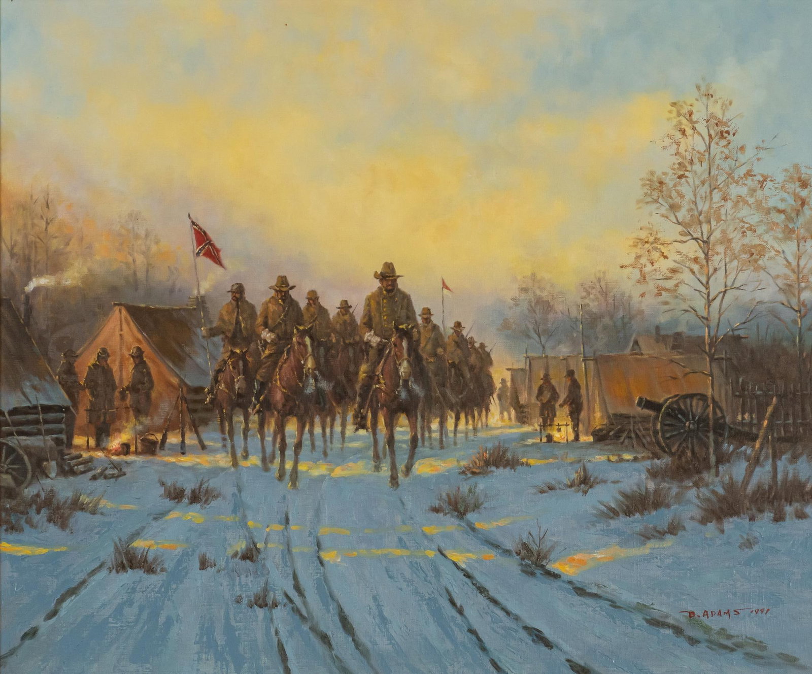 B. Adams, "Jackson's Winter Campaign": B. Adams (Texas, 20th-21st C.), hand-painted homage to G. Harvey's 1991 painting, "Jackson's Winter Campaign", oil on canvas, signed dated lower right, 1991 sight: 20 x 24 in.,