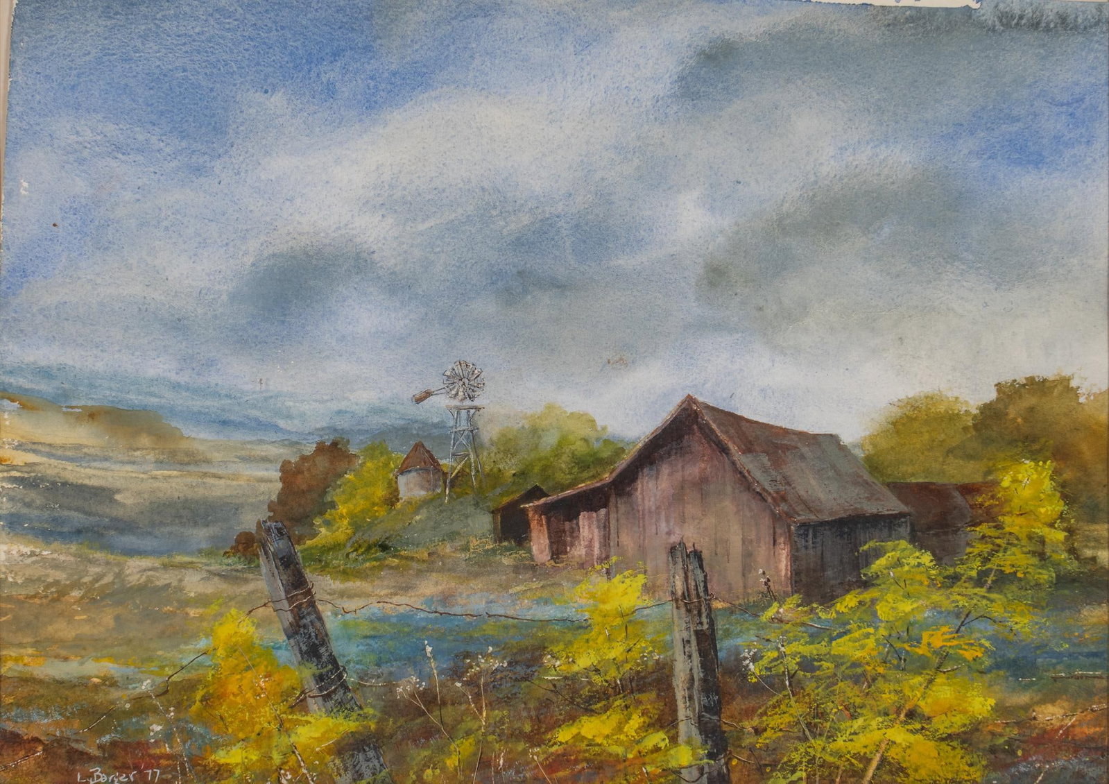 Ly Barger, Texas Homestead: Ly Barger (Amer., b. 20th c), Texas homestead, watercolor on paper, signed and dated lower left, 1977 sight: 12 x 7 in., frame: 21.5 x 26.5 in. Provenance: Property from a home in San Antonio, Texas