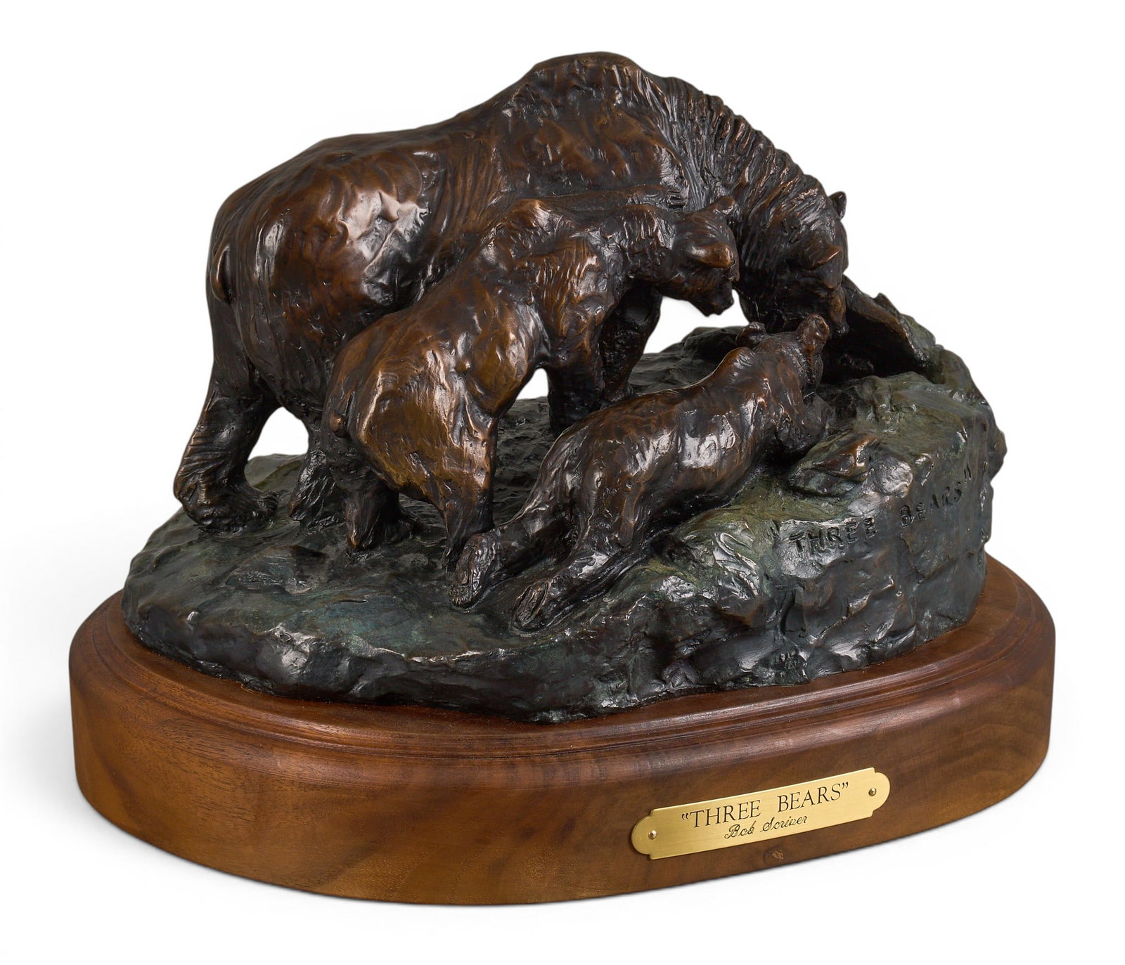 Bob Scriver, “Three Bears: Robert "Bob" Macfie Scriver (Montana, 1914-1999), “Three Bears”, artist-cast bronze sculpture on wooden base, with incised signature, title, edition number 4/110, and date, 1991