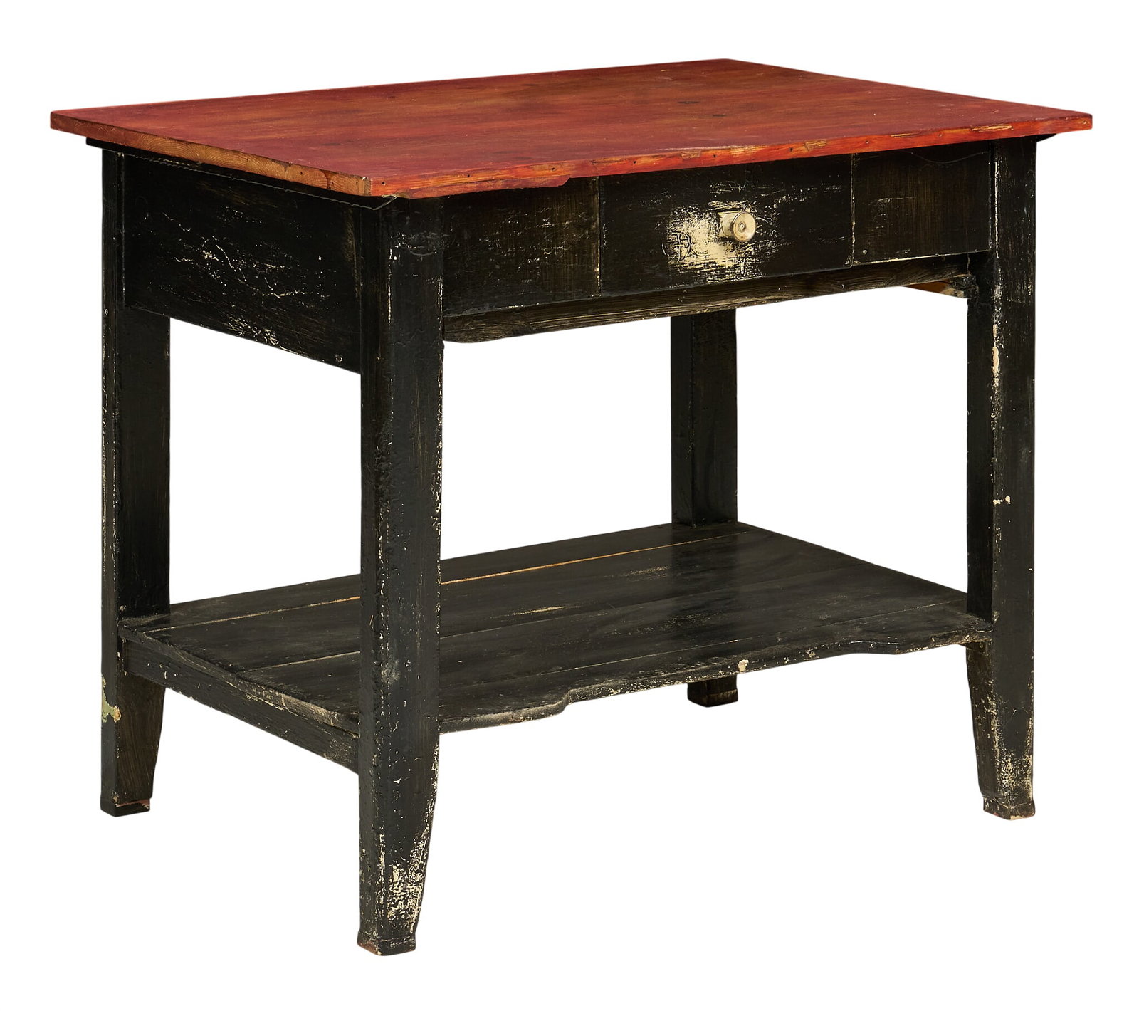 Rustic Side Table: Two-tone painted wooden rustic table, single drawer height 32 in. x width 39 in. x depth 28 in.