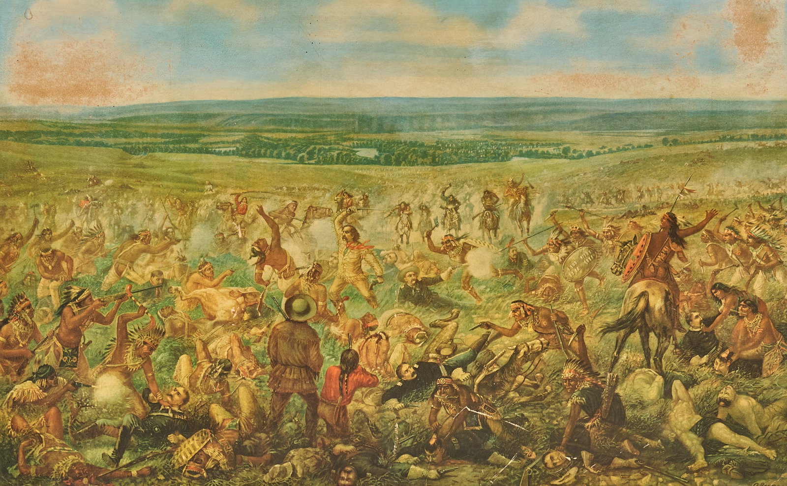 Large Western Battle Scene: Large Western battle scene print, depicting Native American warriors engaged in combat with U.S. Cavalry frame: 26 in. × 40 in. sight: 23 in x 37 in.