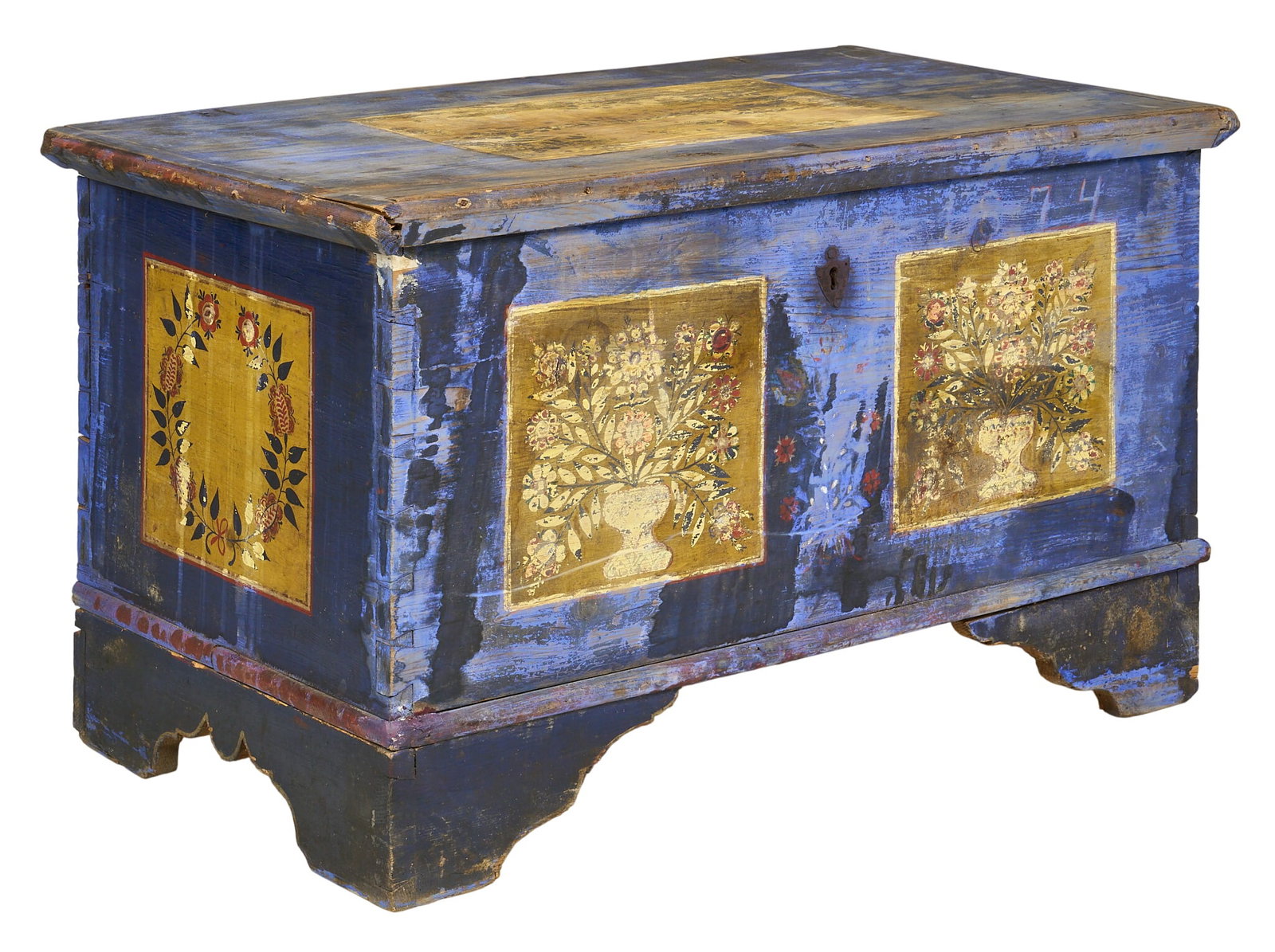 Folk Art Dowry Chest: Painted folk art dowry chest, blue distressed paint with hand-painted floral design, dated 1874 height 27 in. x width 46 in. x depth 26.5 in.