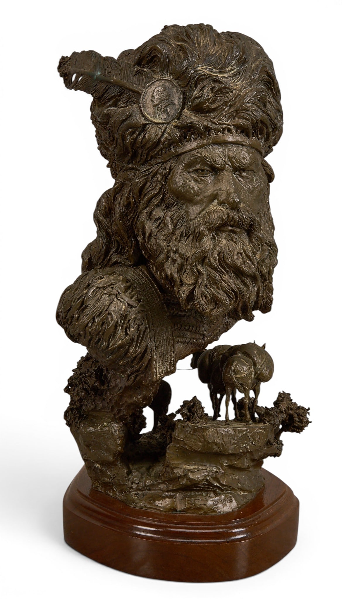 Robert Summers, "Spirit of the Mountains": Robert Summers (Texas, b. 1940), "Spirit of the Mountains", artist-cast bronze sculpture on wooden base, with incised signature, title, edition number 8/30, and date, 1976 height