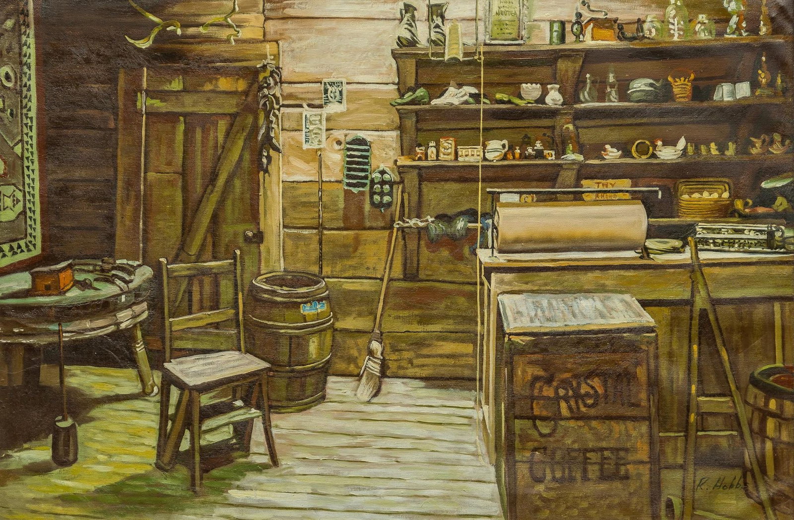 R. Hobbs, General Store Interior: R. Hobbs, general store interior, oil on canvas sight: 24 x 36 in., frame: 32 x 44 in. Provenance: Property from a home in San Antonio, Texas