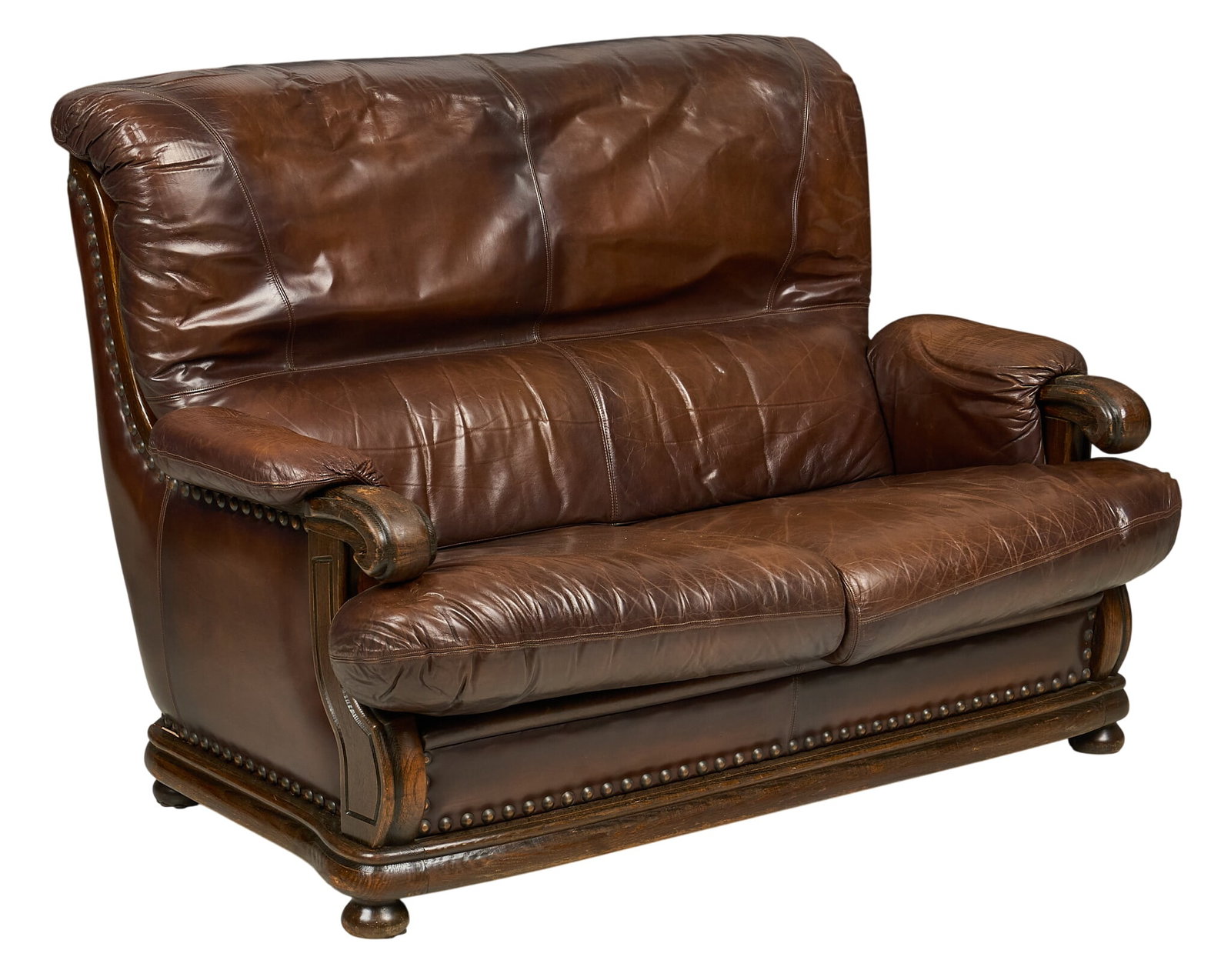 Leather Sofa: Leather high-back two-seater sofa, wooden frame with nailhead trim height 39 in. x width 56 in. x depth 33 in.