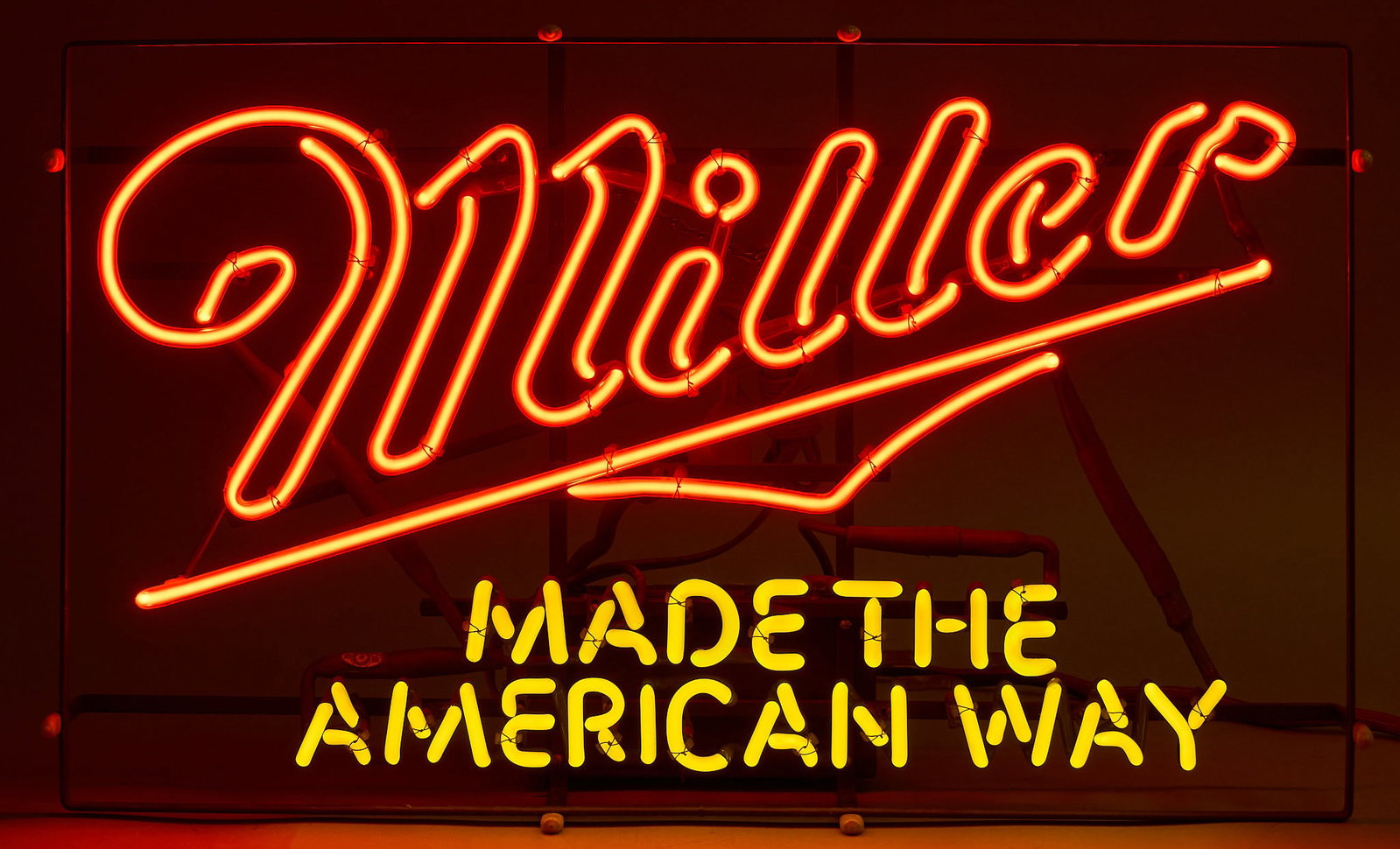 Miller Beer Neon Sign, 20th C.: Vintage Miller beer Made the American Way neon sign, in working condition, circa late 20th century height 16 in. x width 22 in. x depth 7 in. Provenance: Property from a New Braunfels,
