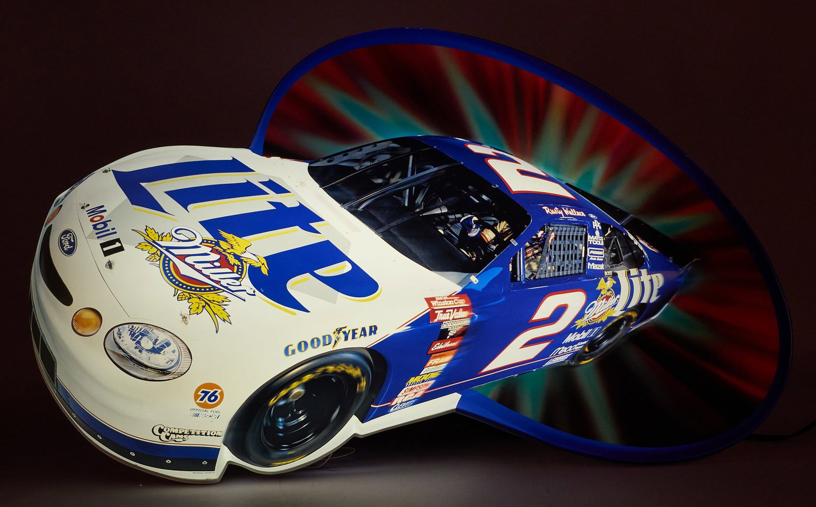 Rusty Wallace Miller Lite NASCAR Lighted Sign: Miller Light Beer lighted sign depicting NASCAR Hall of Famer, American former stock car driver and racing team owner Rusty Wallace (American, August 14, 1956)'s car after switching to Miller