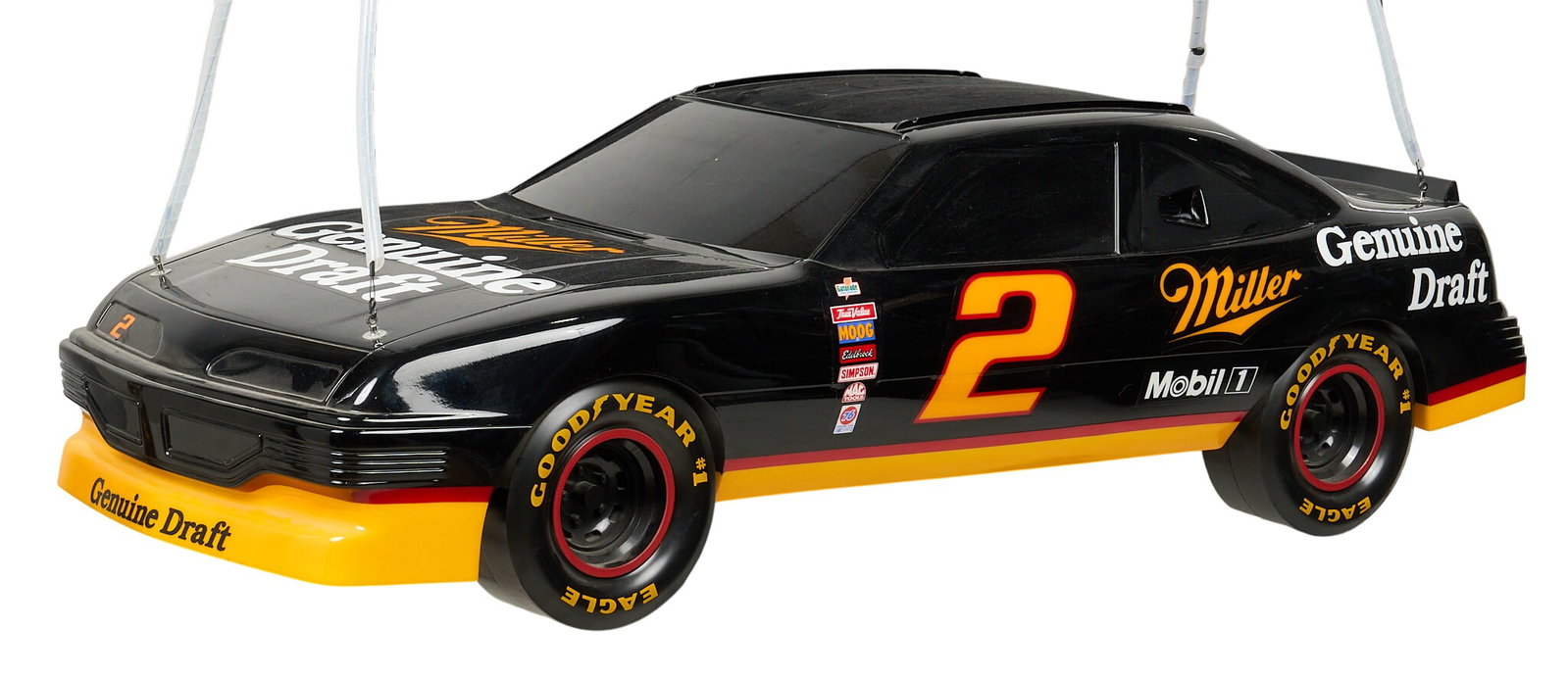 Miller Genuine Draft NASCAR Light: Miller Genuine Draft NASCAR hanging light, in the form of the No. 2 Miller Genuine Draft stock car driven by Rusty Wallace, molded composite body with black, gold, and red livery, suspended by four