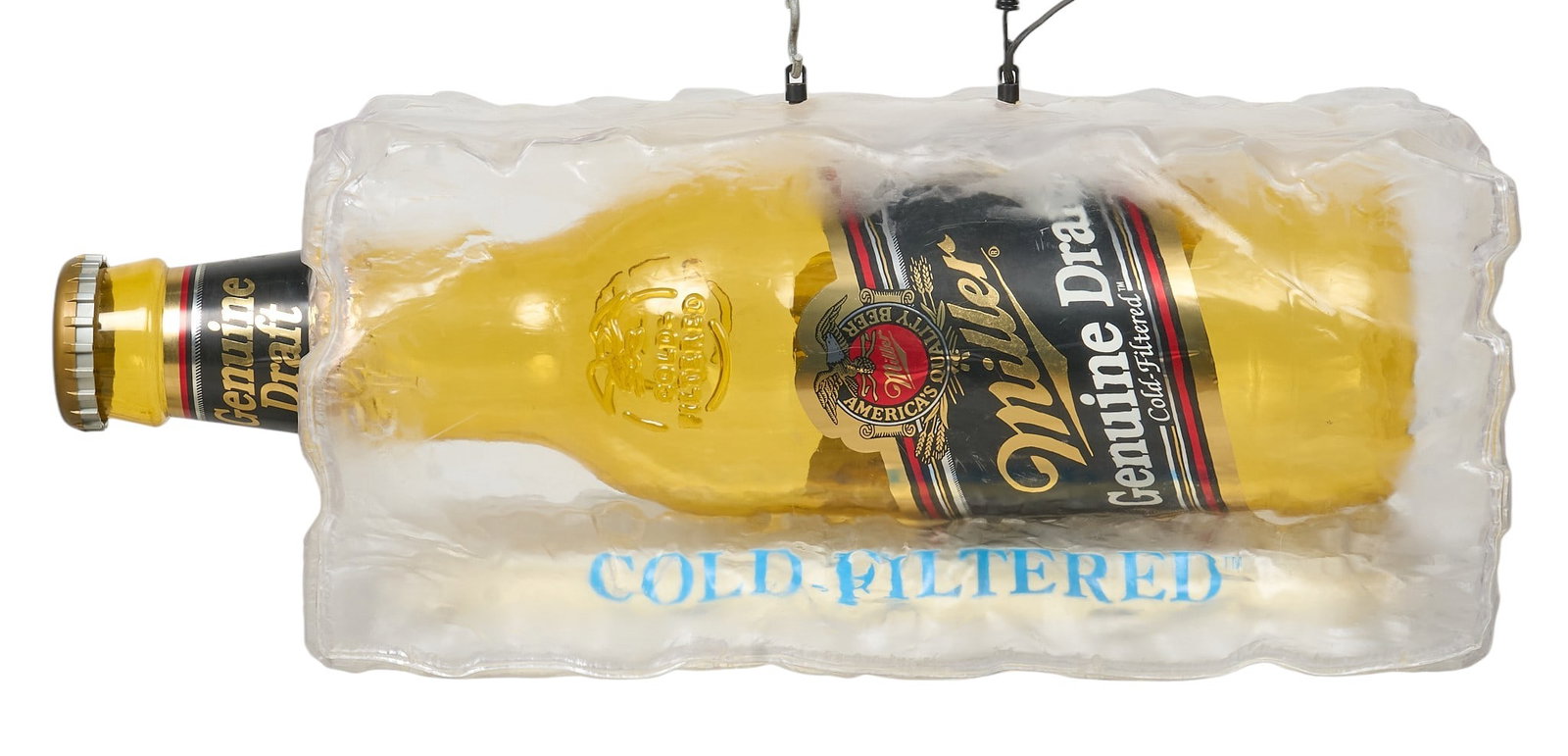 Vintage Miller Genuine Draft Ice Cube Sign: Vintage Miller Genuine Draft acrylic bar sign with 3D bottle molded inside faux ice cube, circa early 1990s height 17 in. x width 46 in. x depth 17 in. Provenance: Property from the